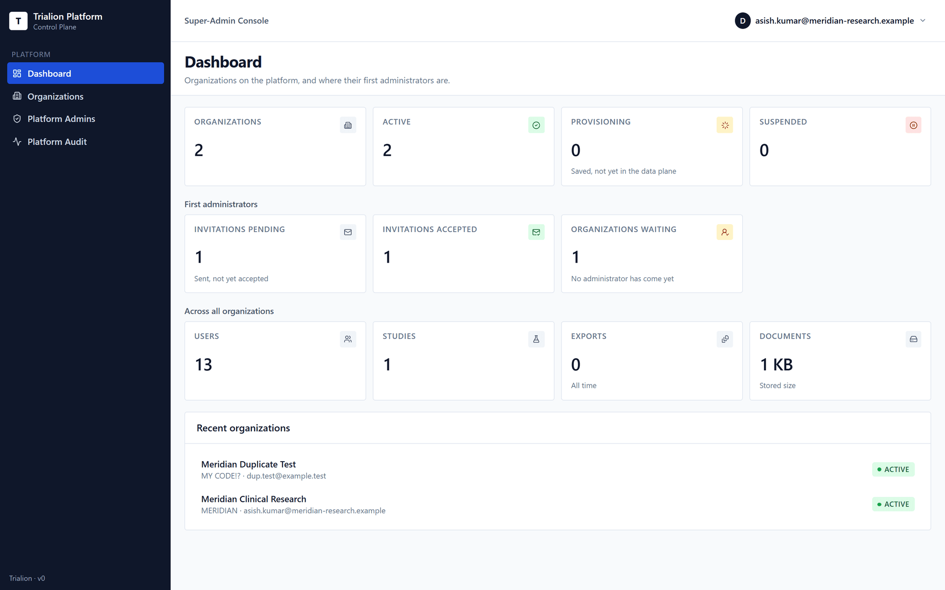 The console dashboard with the sidebar: Dashboard, Organizations, Platform Admins and Platform Audit.