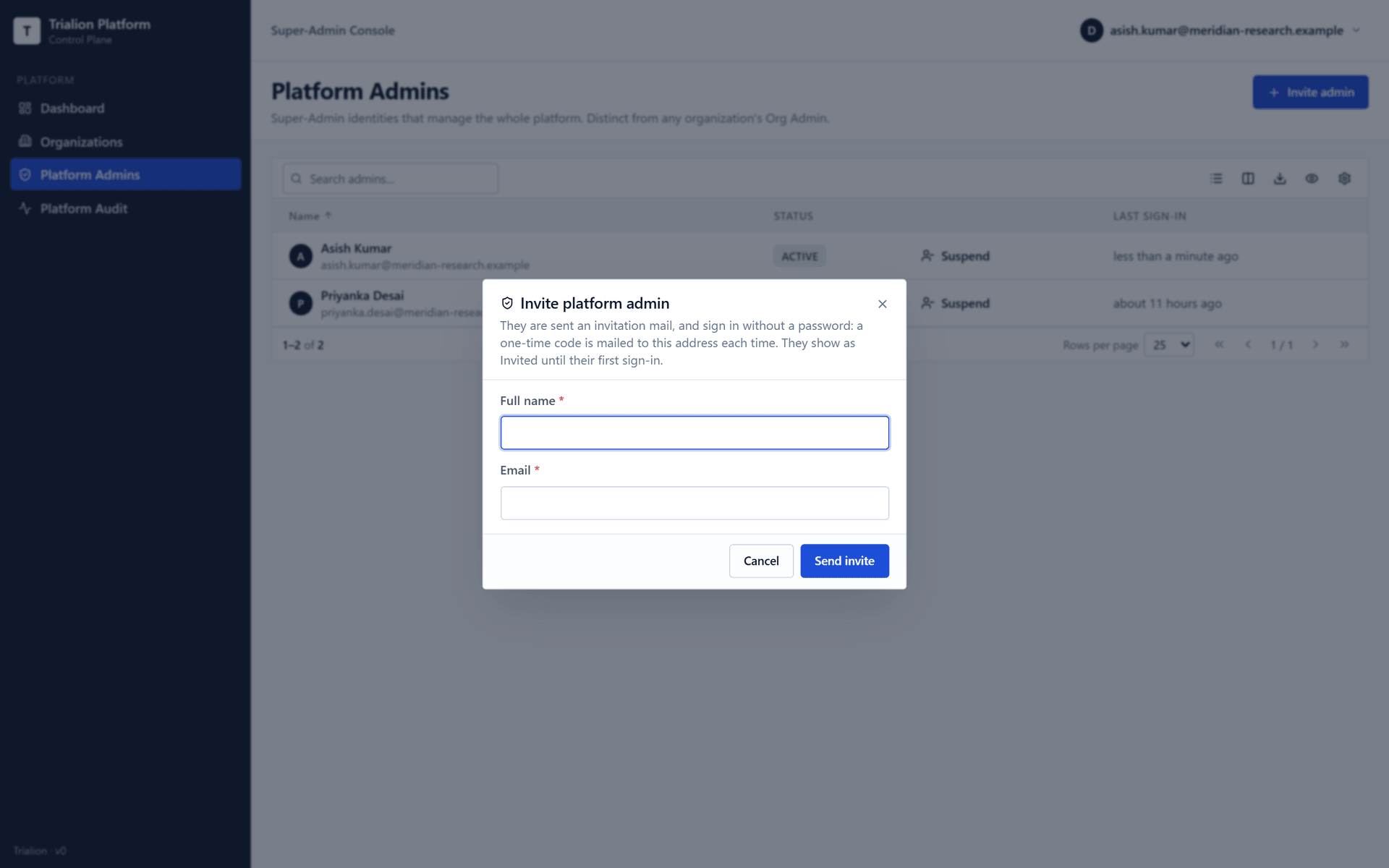 The Invite admin dialog: full name and e-mail address of the person to invite.