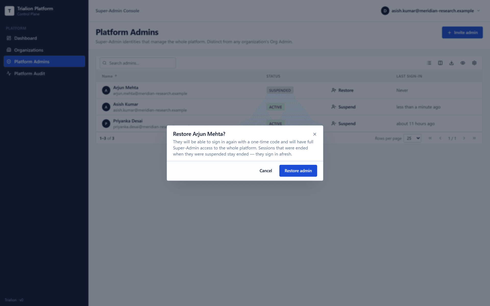 Restoring a Super-Admin asks for confirmation.