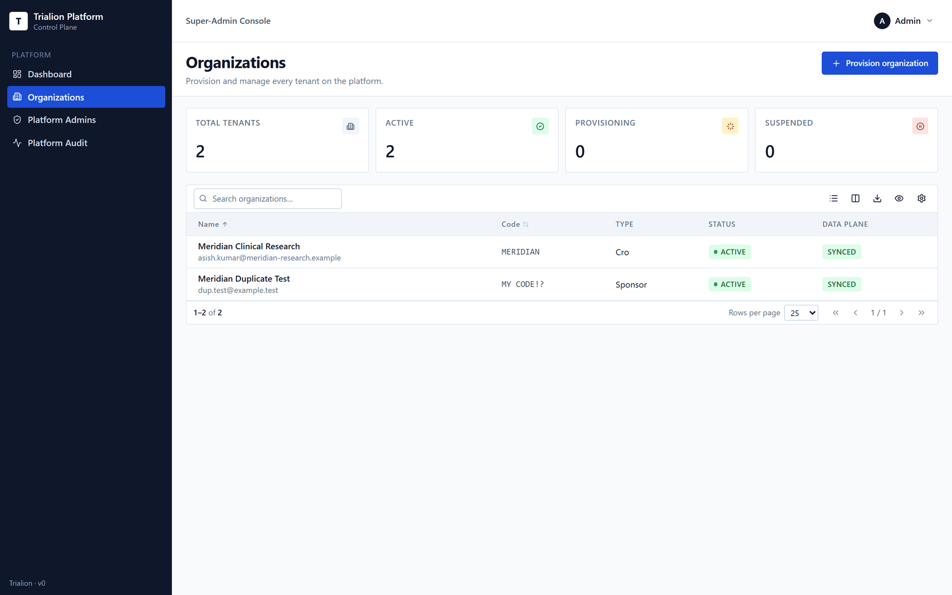 The Organizations list of the platform console, with the Provision organization button and a search box.