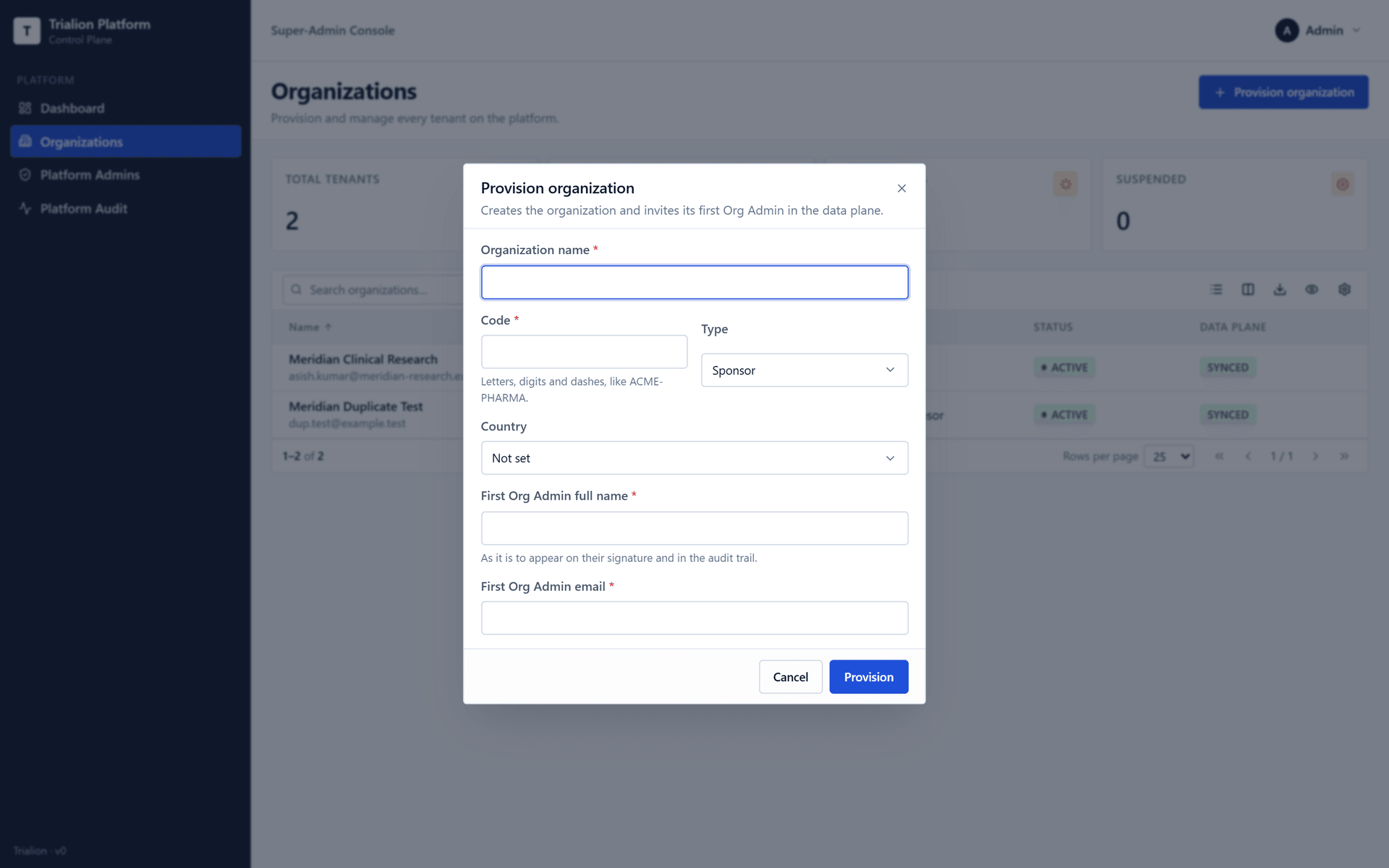 The Provision organization dialog before anything is typed: name, code, type, country and the first Organization Admin's name and e-mail.