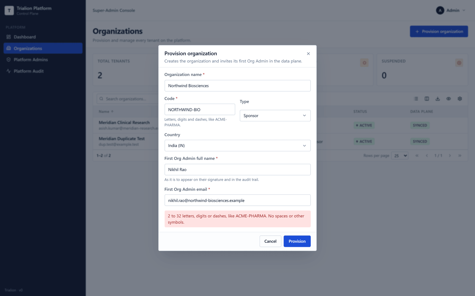 The Provision organization dialog filled in for Northwind Biosciences, a sponsor in India, with its first administrator named.