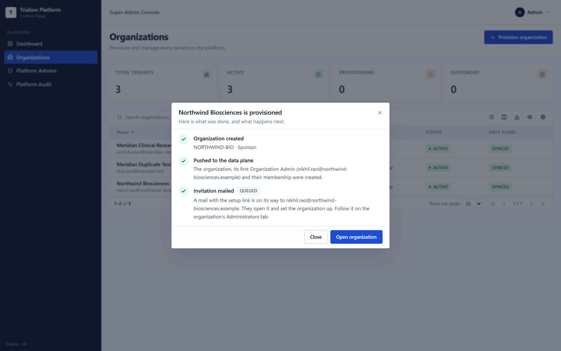 The result of provisioning: the organization is created, pushed to the data plane, and the invitation is queued.