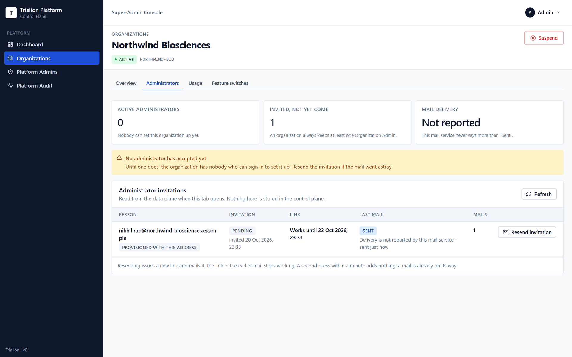 The Administrators tab of an organization: the first administrator, the state of their invitation and Resend.