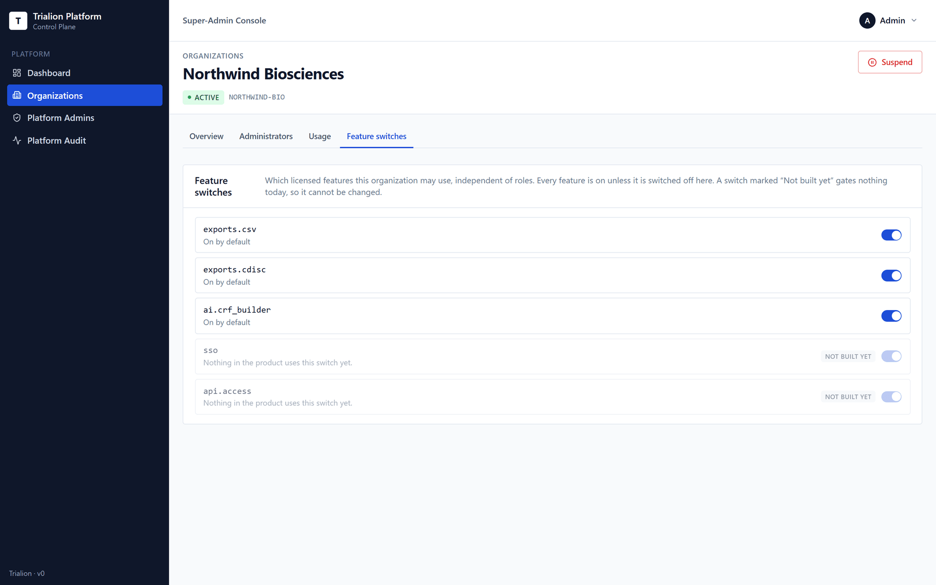 The Feature switches tab of an organization: five switches, with sso and api.access greyed as Not built yet.