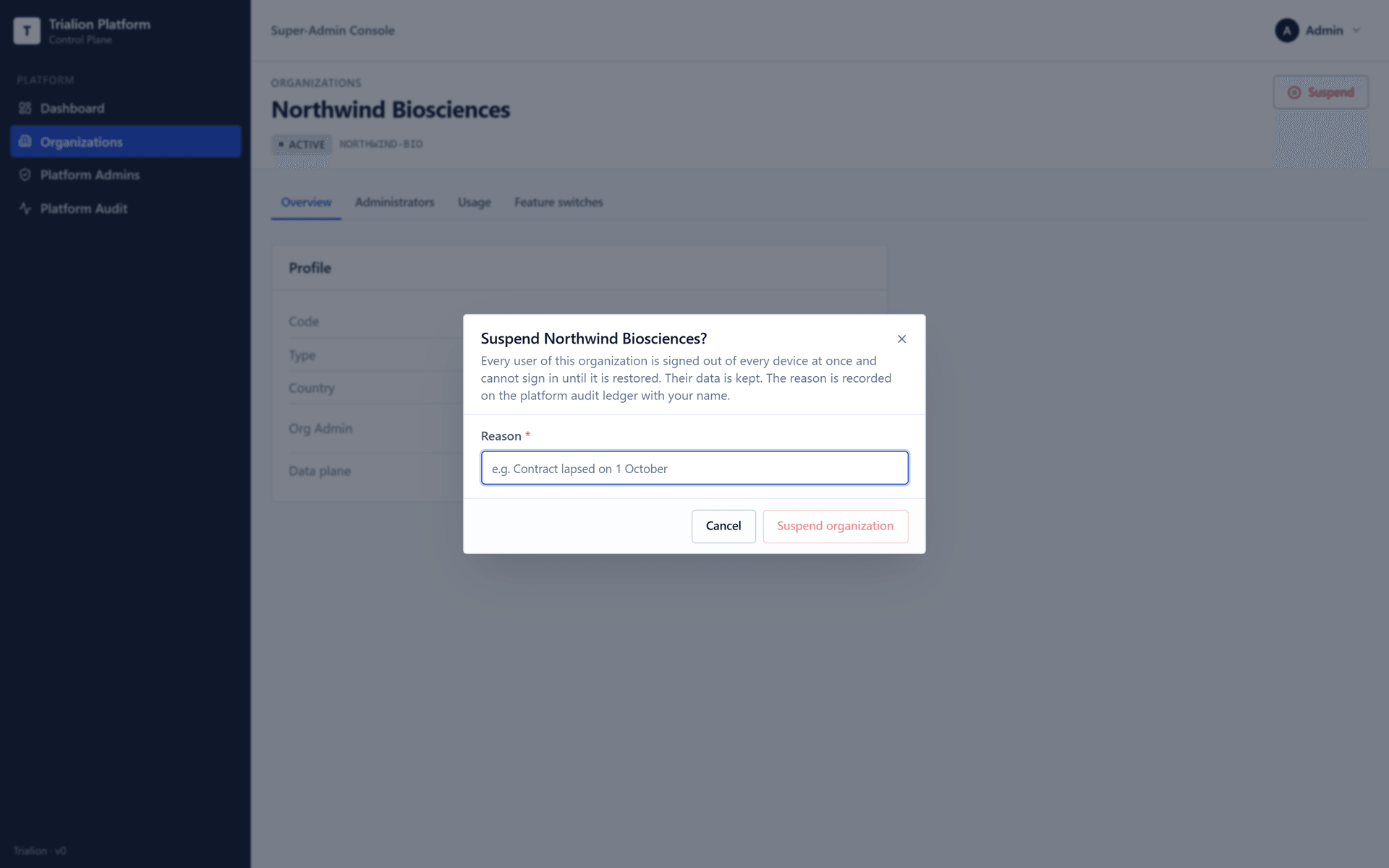 The Suspend dialog: it names the effect and asks for a reason of at least five characters.