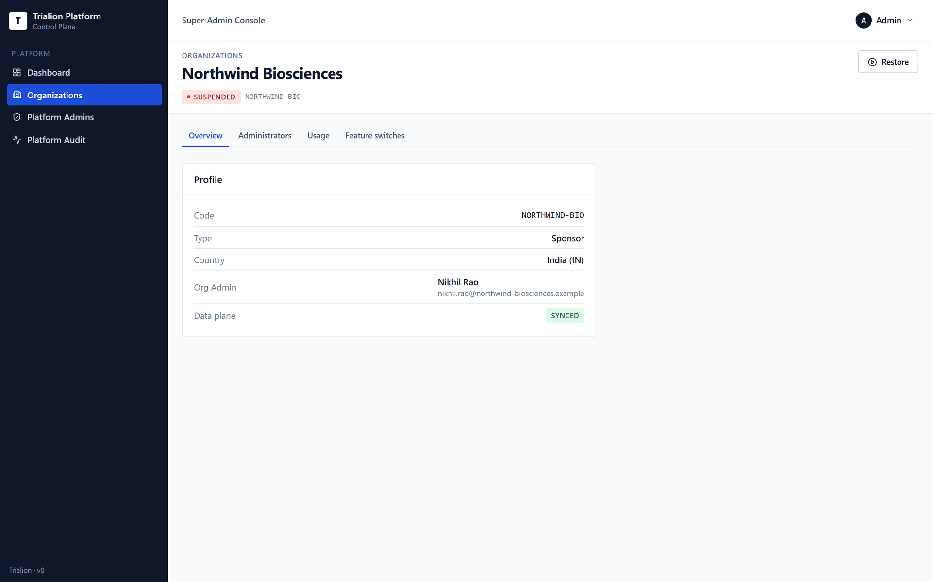 The organization page after it was suspended: its state and the Restore action.