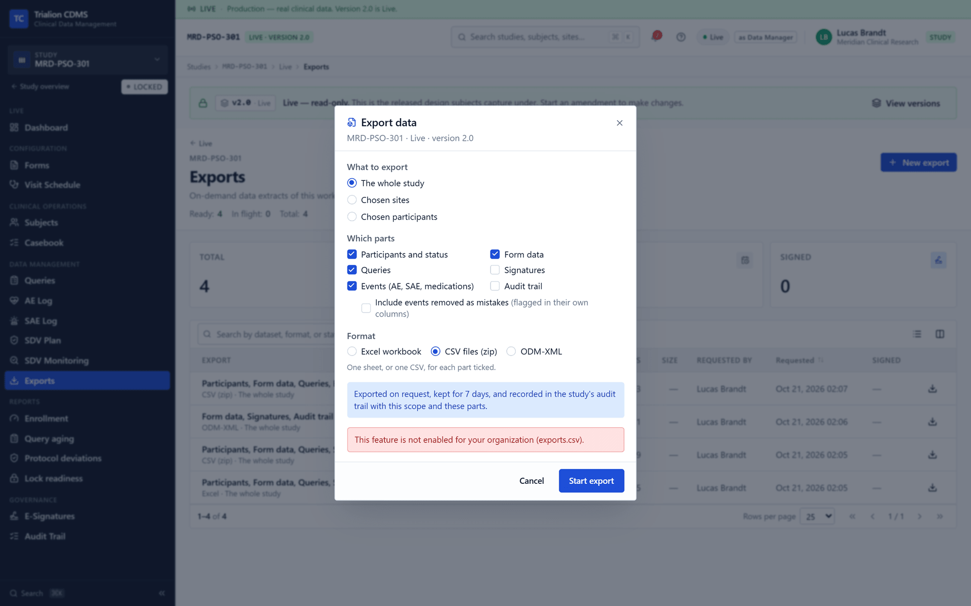 A data manager's CSV export is refused while the exports.csv switch is off, and the refusal names the feature.