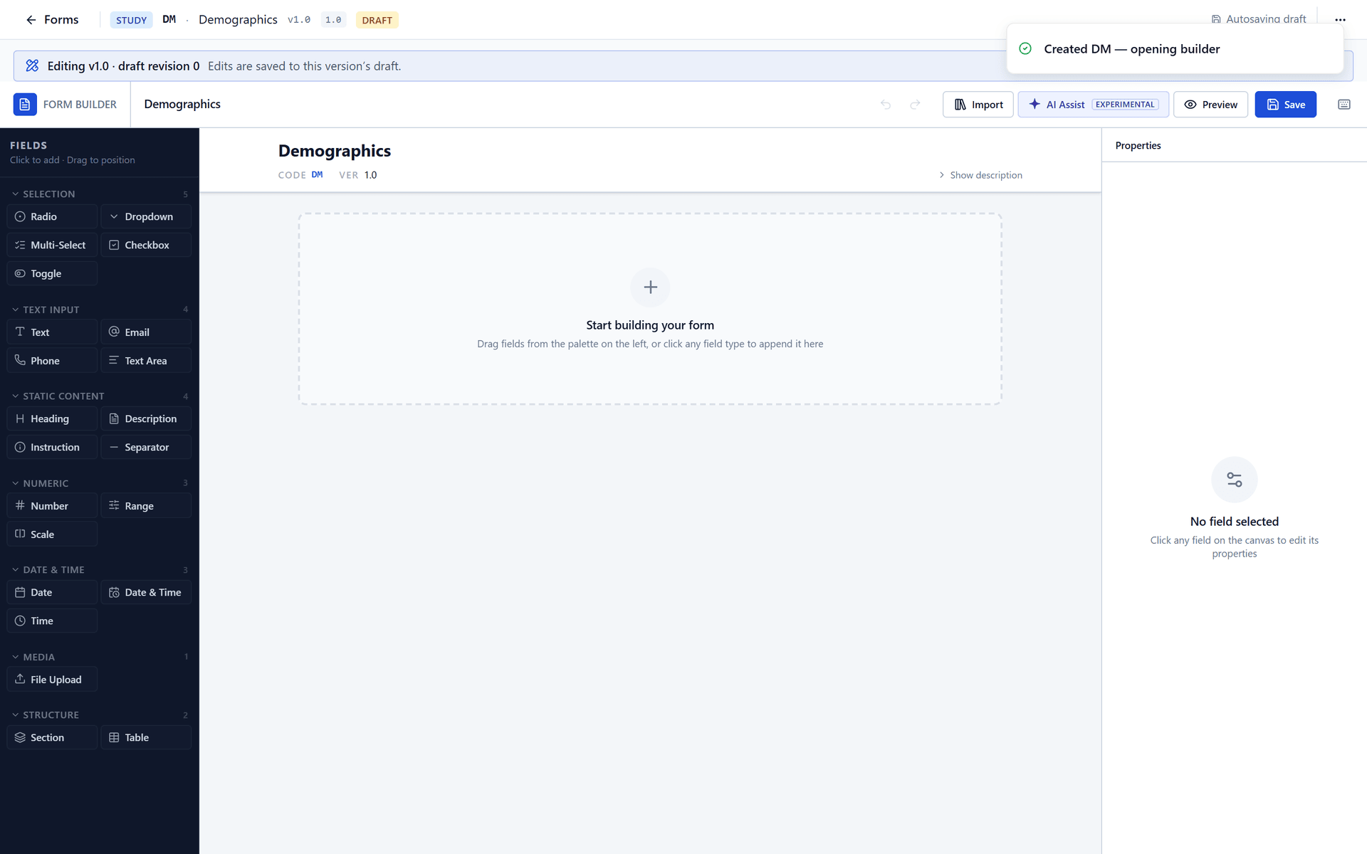 The form builder on a new empty form: the field palette on the left, the canvas in the middle, the properties on the right and the toolbar on top.
