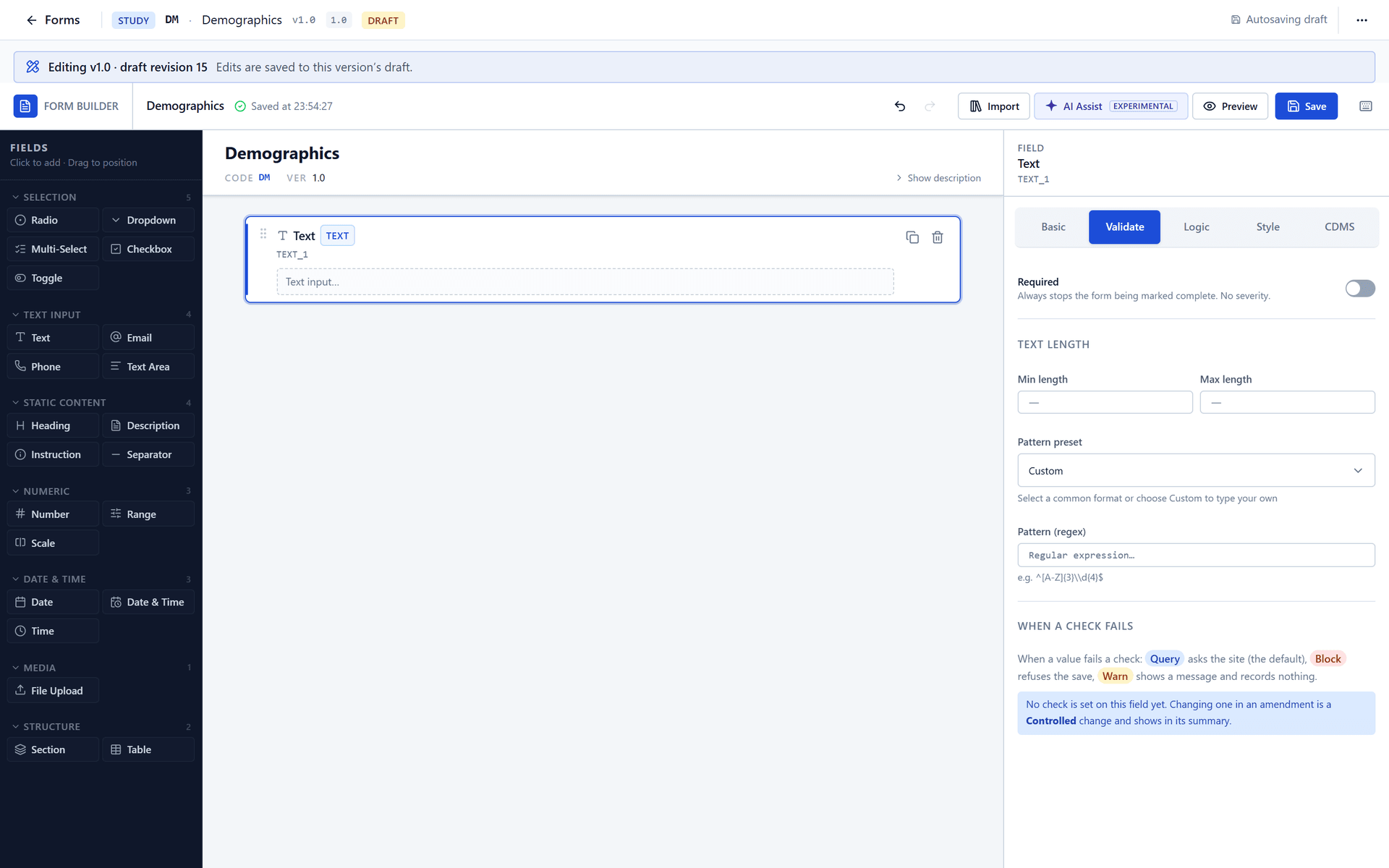 Properties of a Text field, tab Validate.