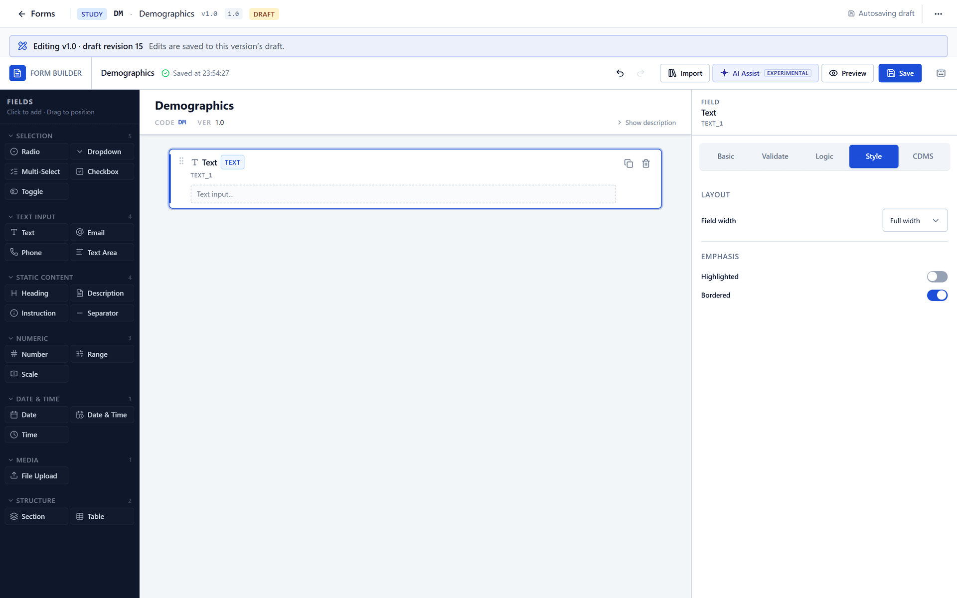 Properties of a Text field, tab Style.