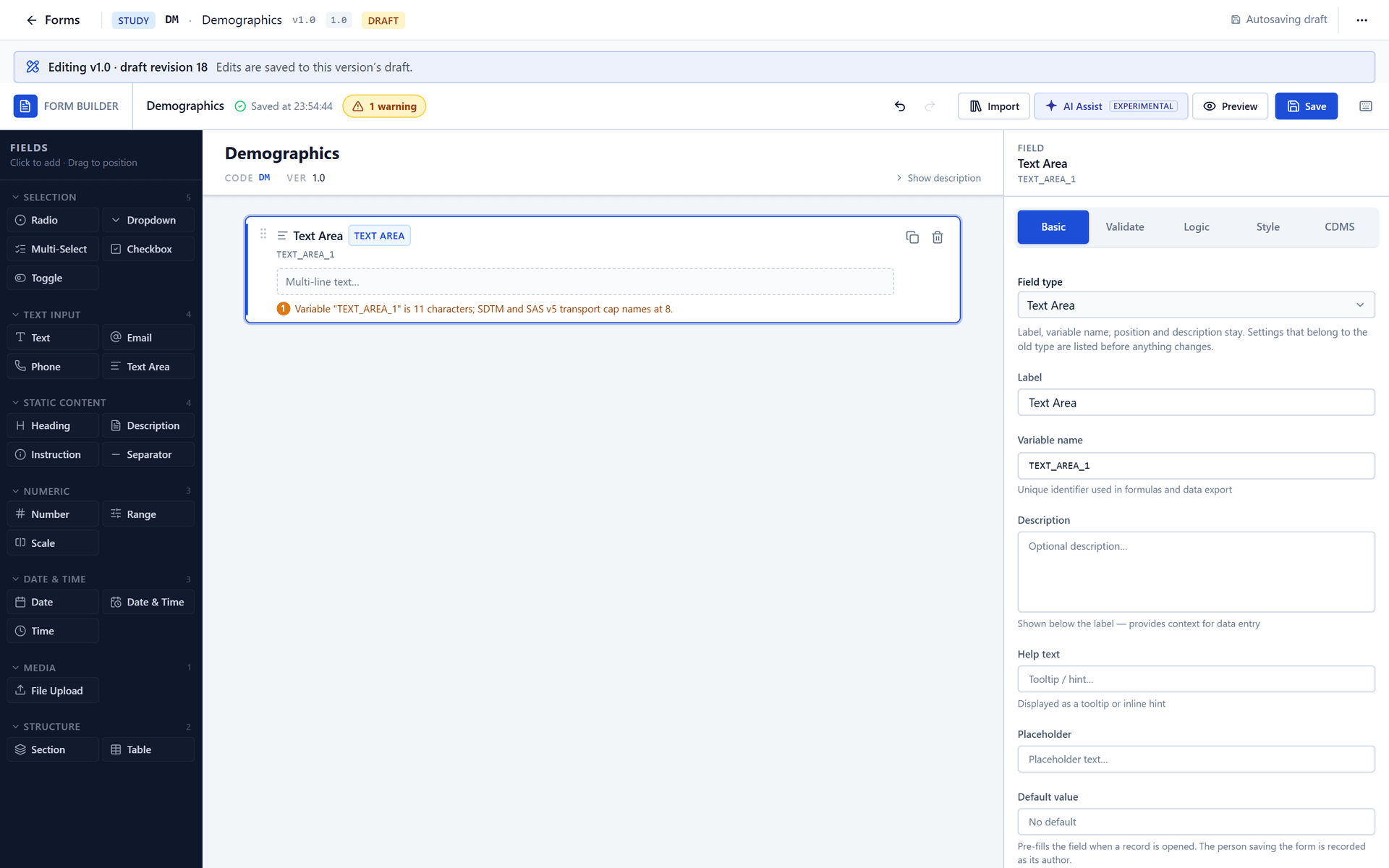 The Basic tab of a Text Area field: label, variable name, description, help text, placeholder and default value.