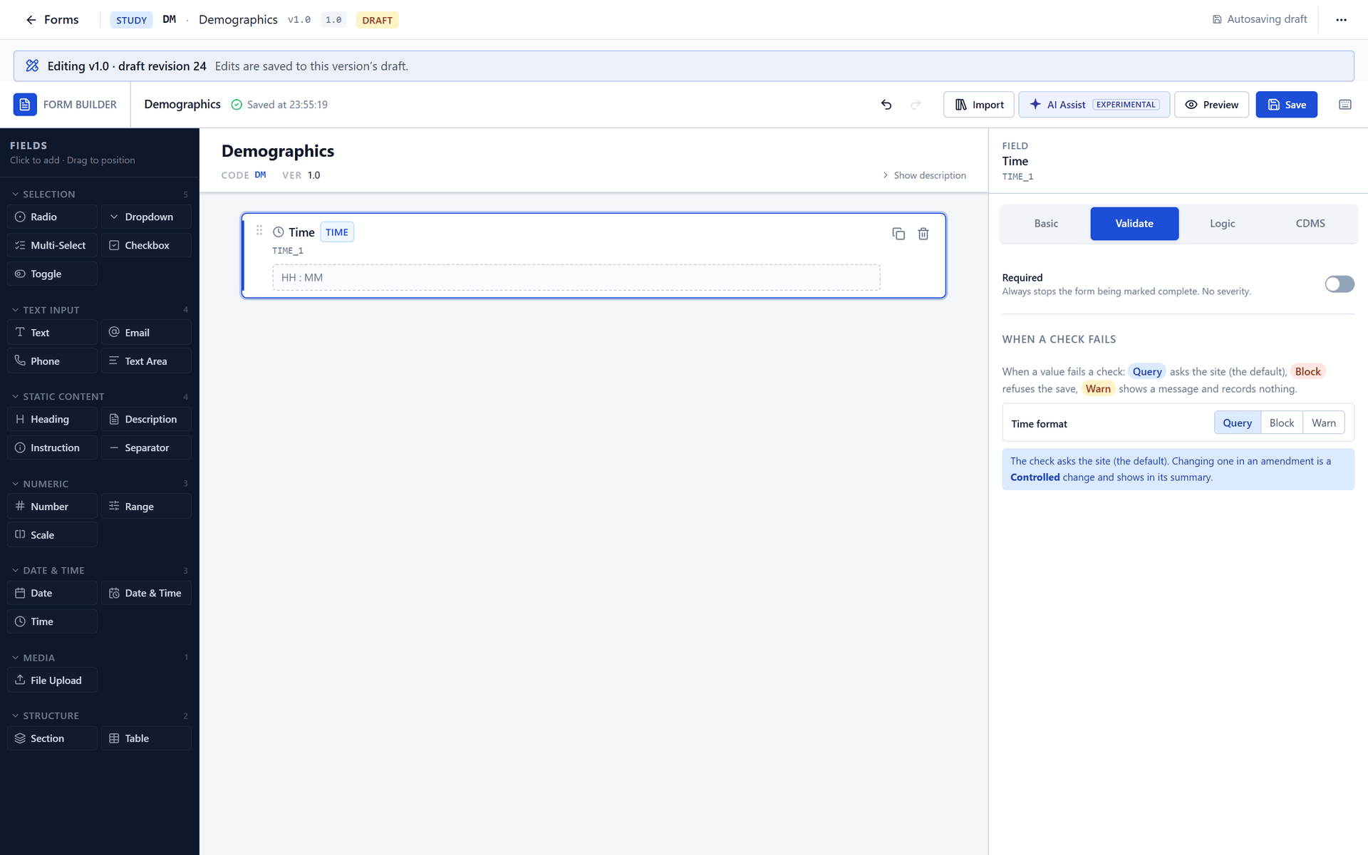 The Validate tab of a Time field: only the Time format check, with its severity.