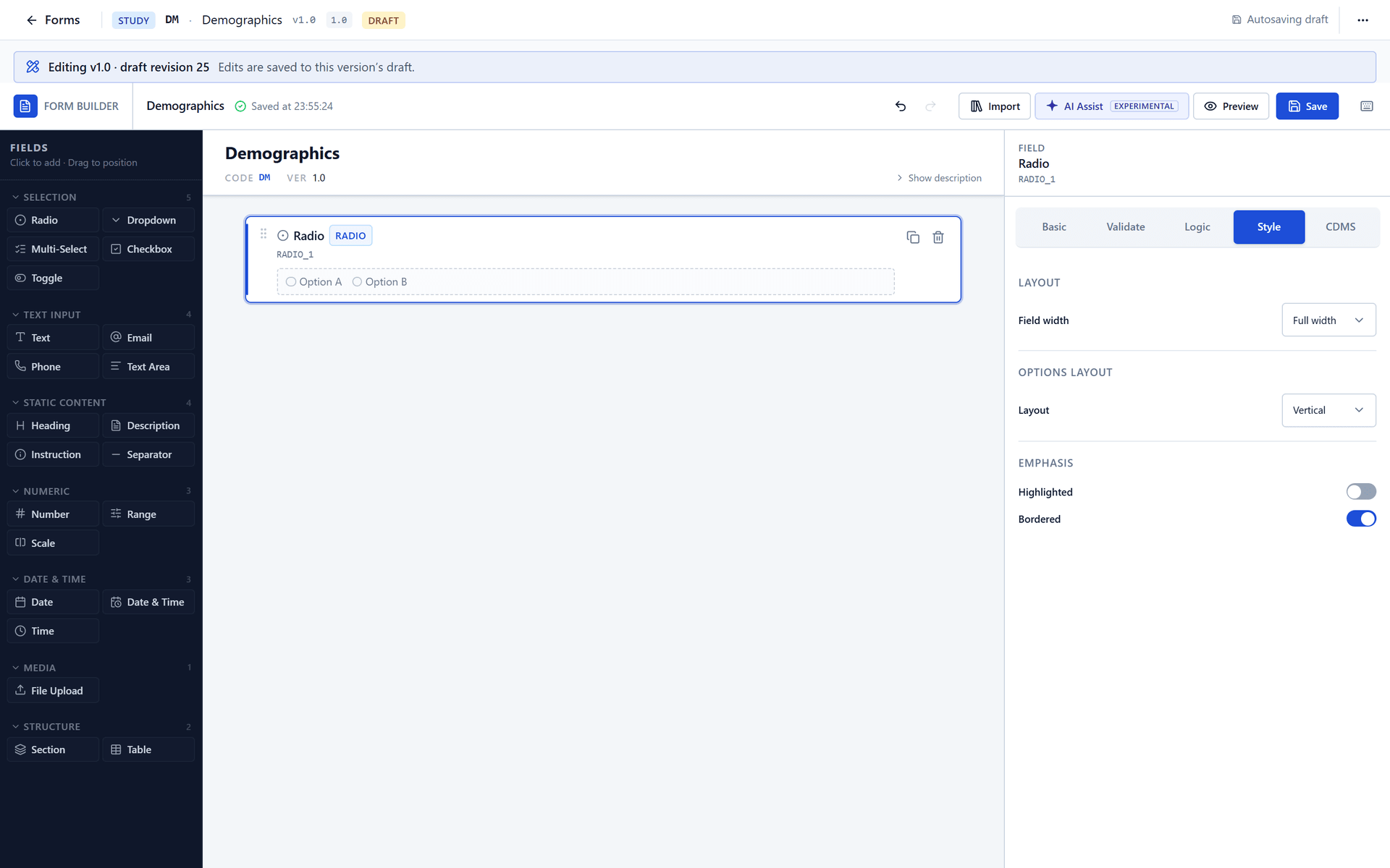 The Style tab of a Radio field: field width, options layout and the Highlighted and Bordered switches.