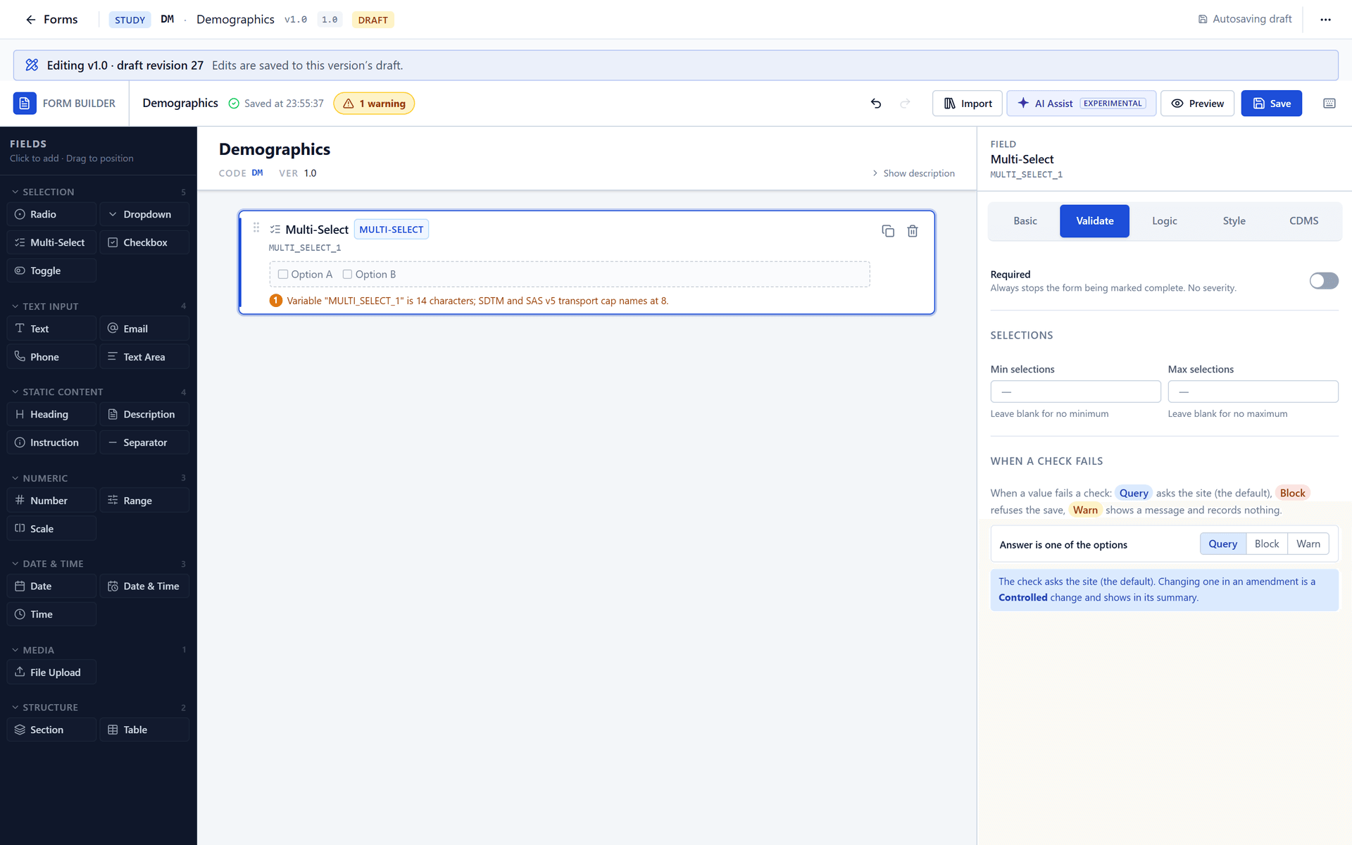 The Validate tab of a Multi-Select field: minimum and maximum selections and the Answer is one of the options check.
