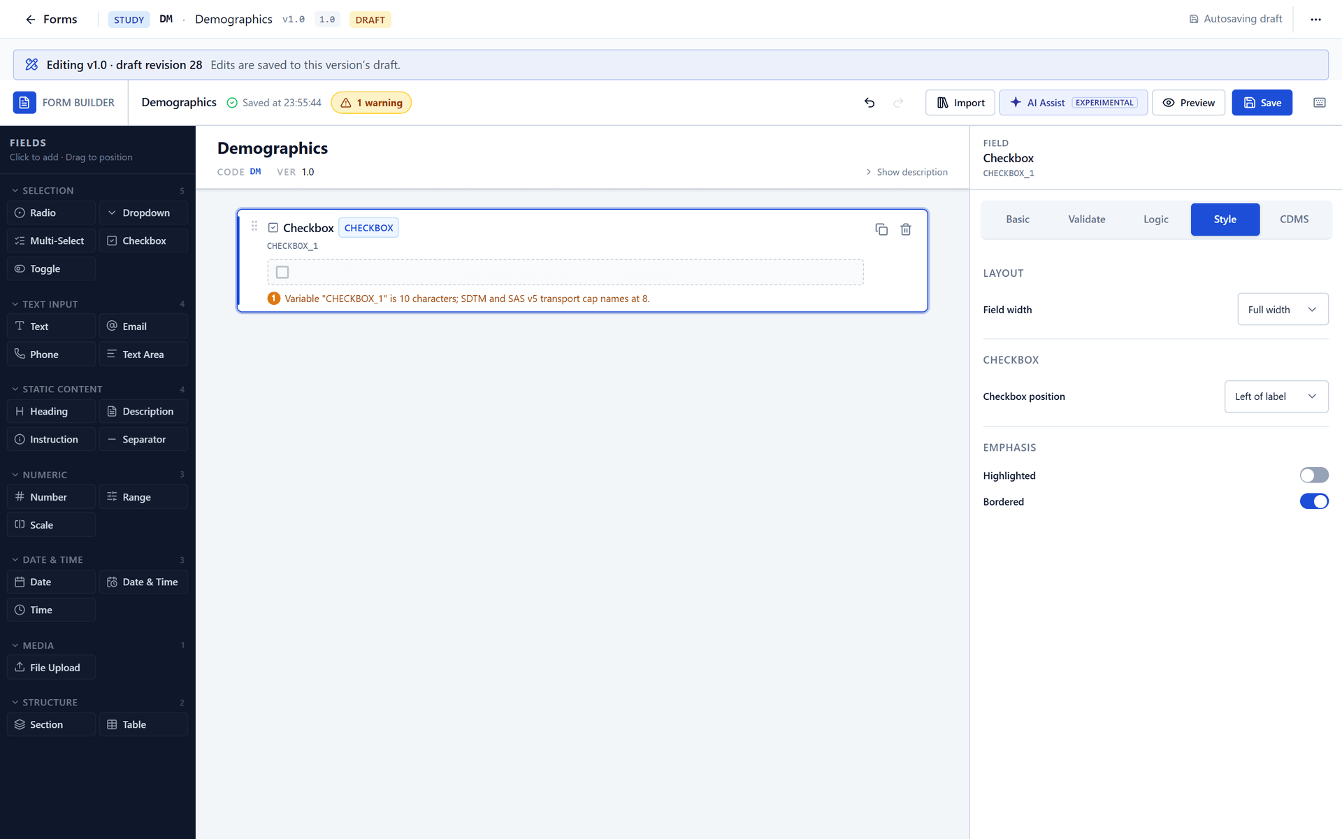 The Style tab of a Checkbox field: field width, checkbox position, and the Highlighted and Bordered switches.