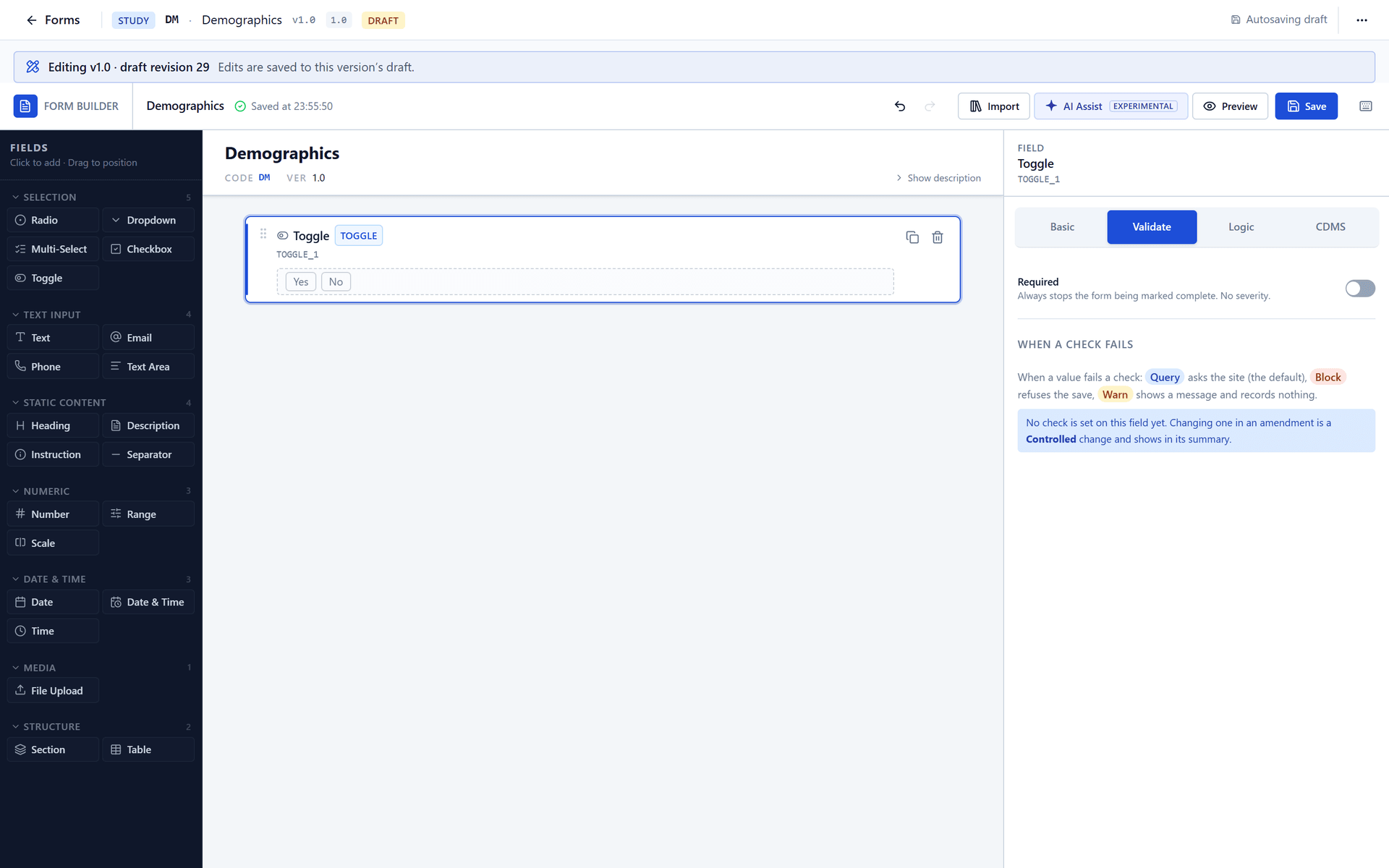 The Validate tab of a Toggle field: only Required, and no check yet.
