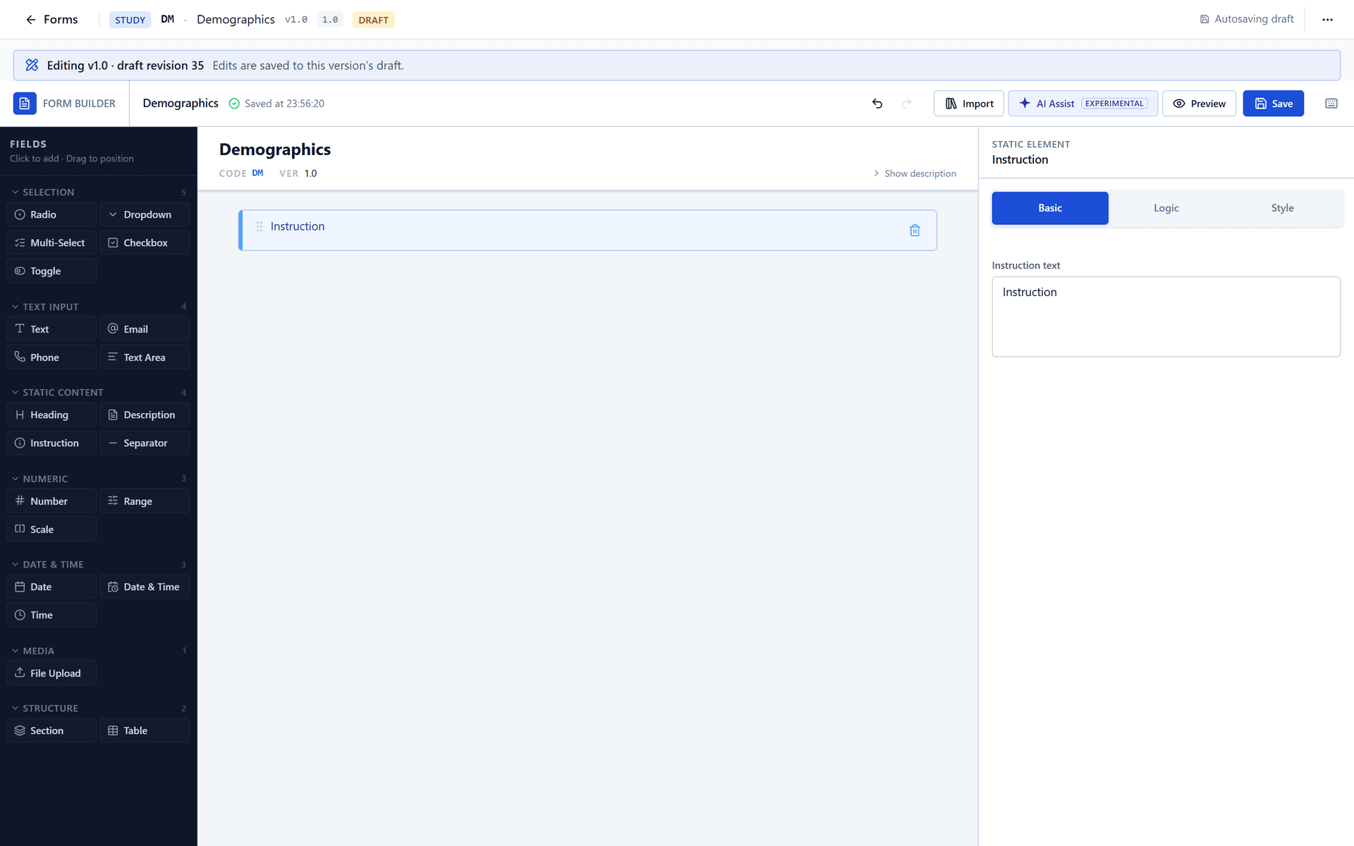 The Basic tab of an Instruction: one box for the instruction text, and the tabs Basic, Logic and Style.
