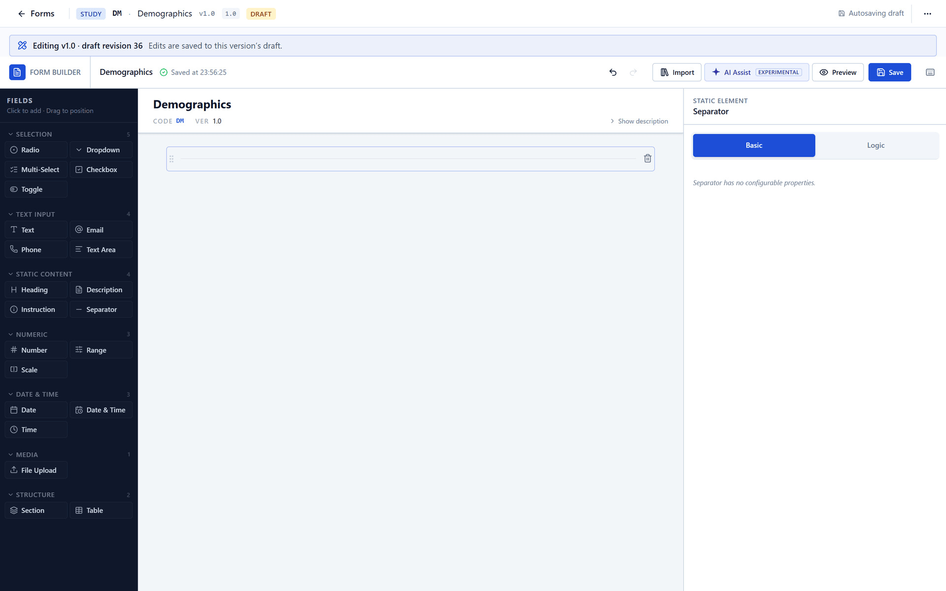The panel of a Separator: the Basic and Logic tabs, and the words that it has no configurable properties.