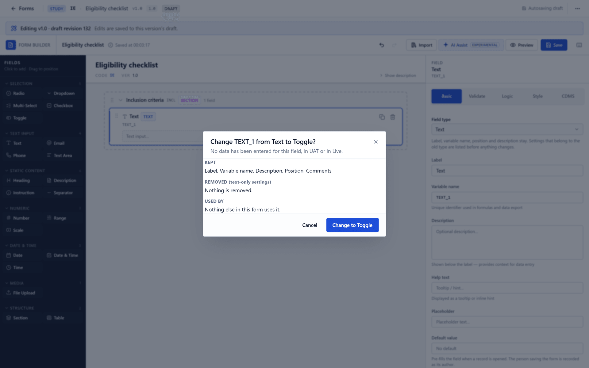 Changing a field from Text to Toggle: what is kept, what is removed and where the field is used.