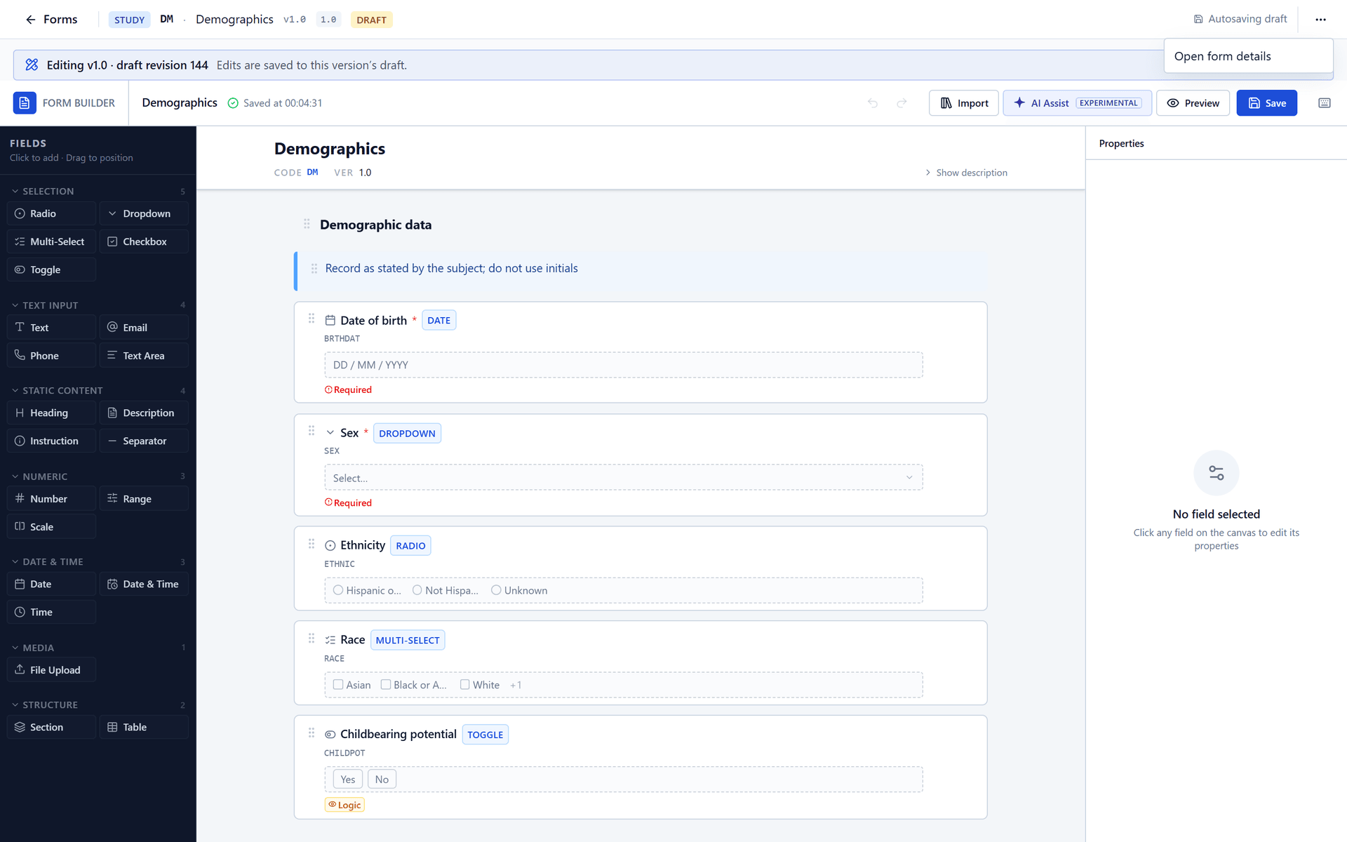The More actions menu of the form builder.