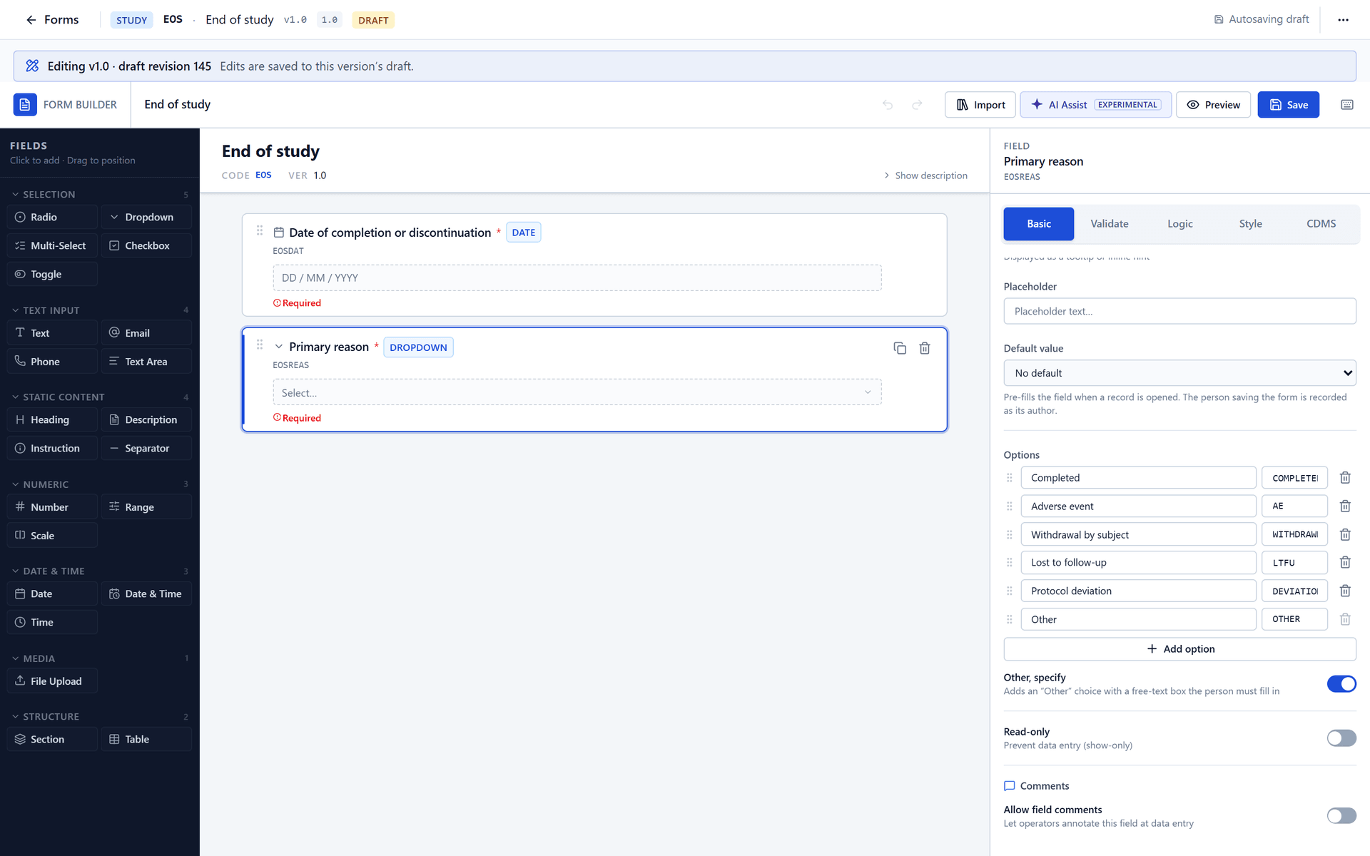 The Options list of a Dropdown: a label and a stored value for each option, the Add option button and the Other, specify switch.