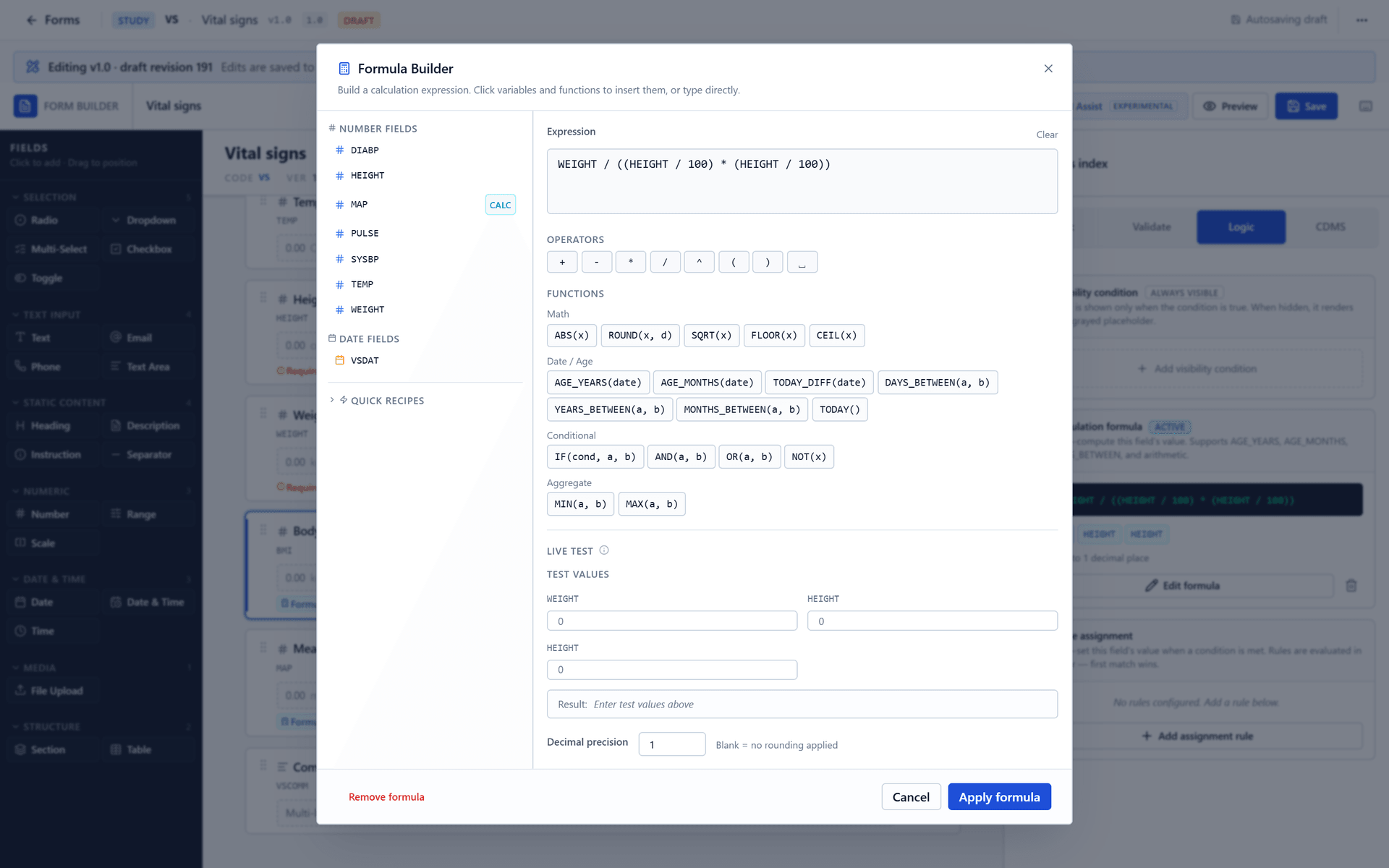 The formula builder: variables and functions, now including AND, OR and NOT.