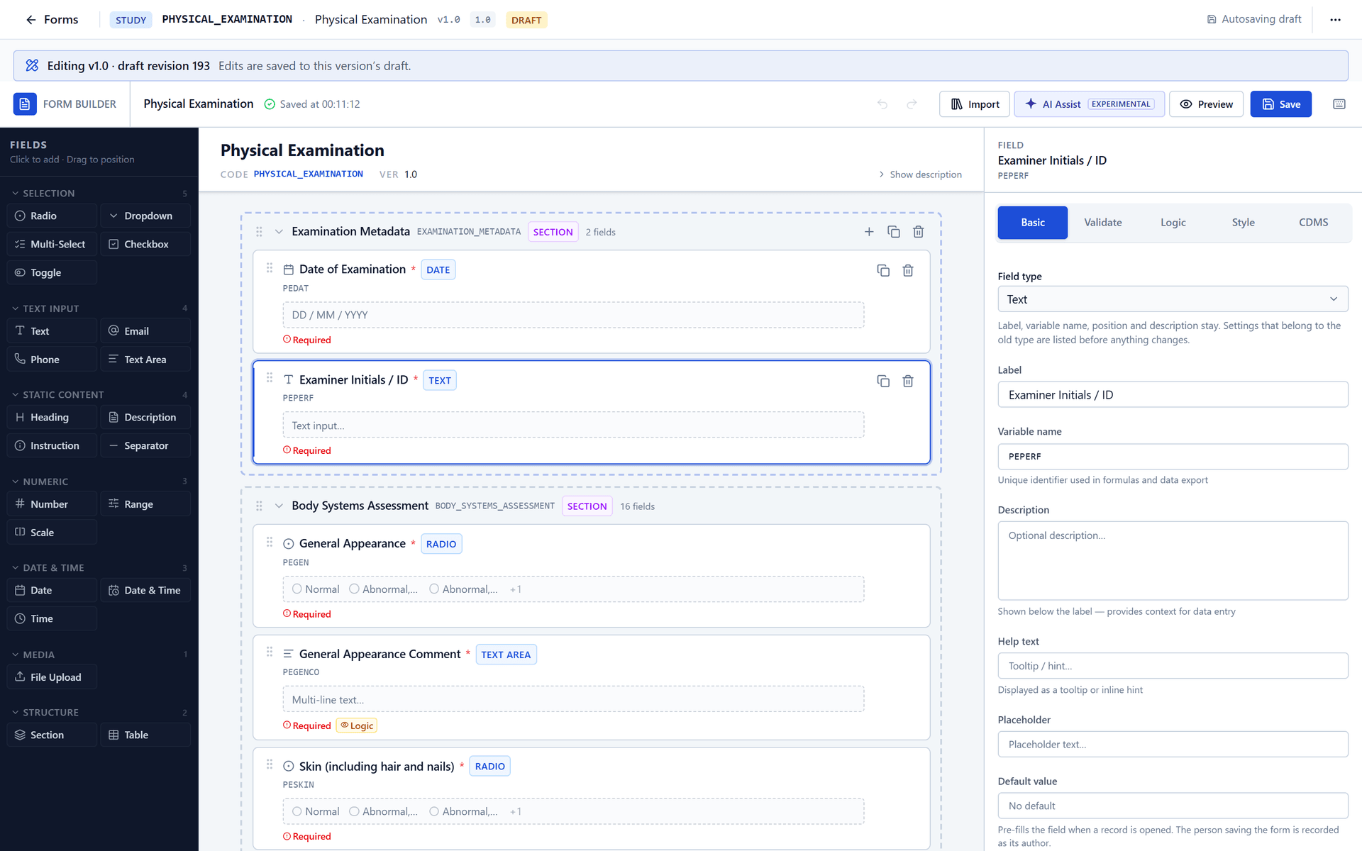 The AI-generated Physical Examination form in the builder, with the warnings it raised, ready for the designer to review.