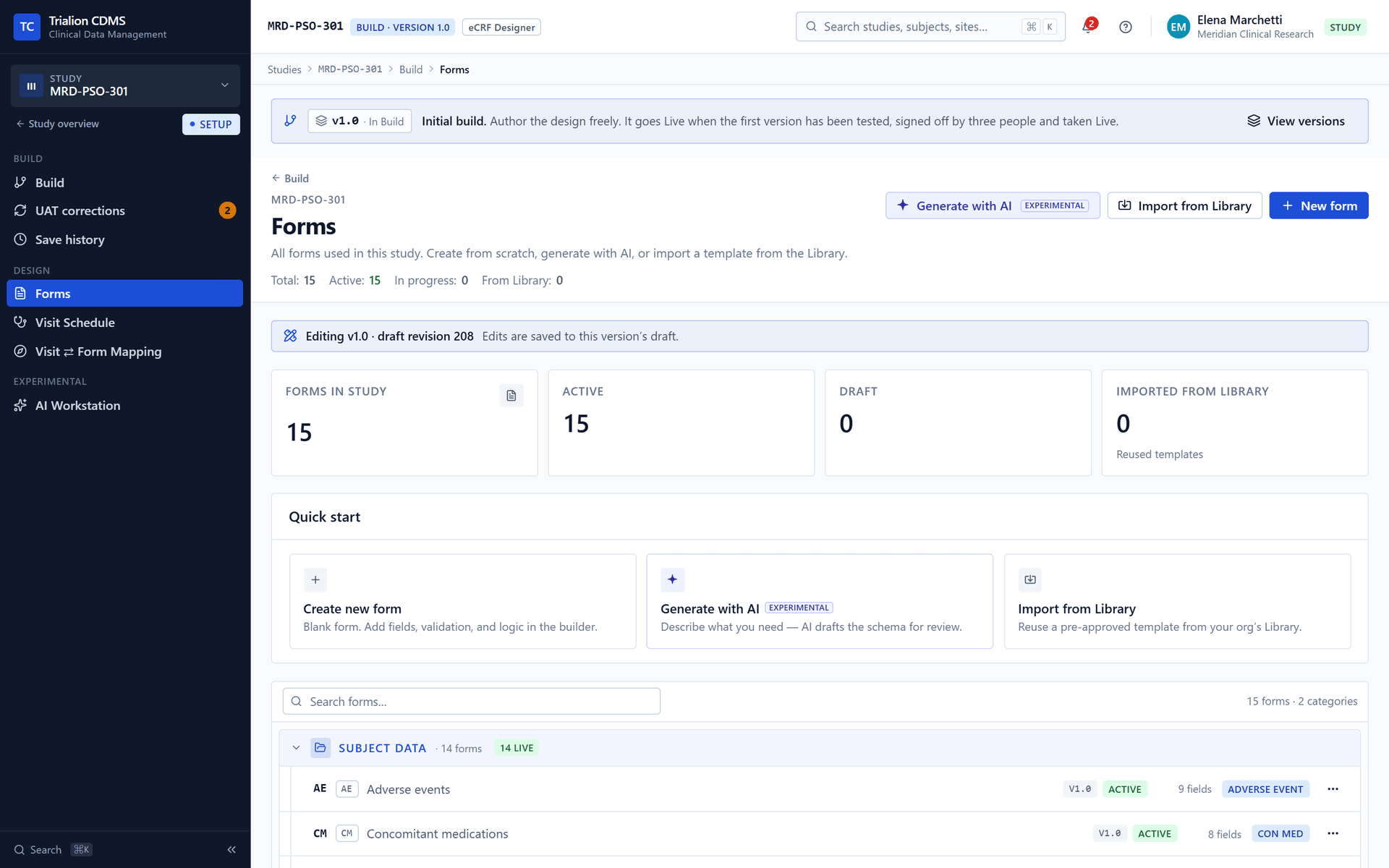 The forms of a version returned to Build are Active, each with an Actions menu.
