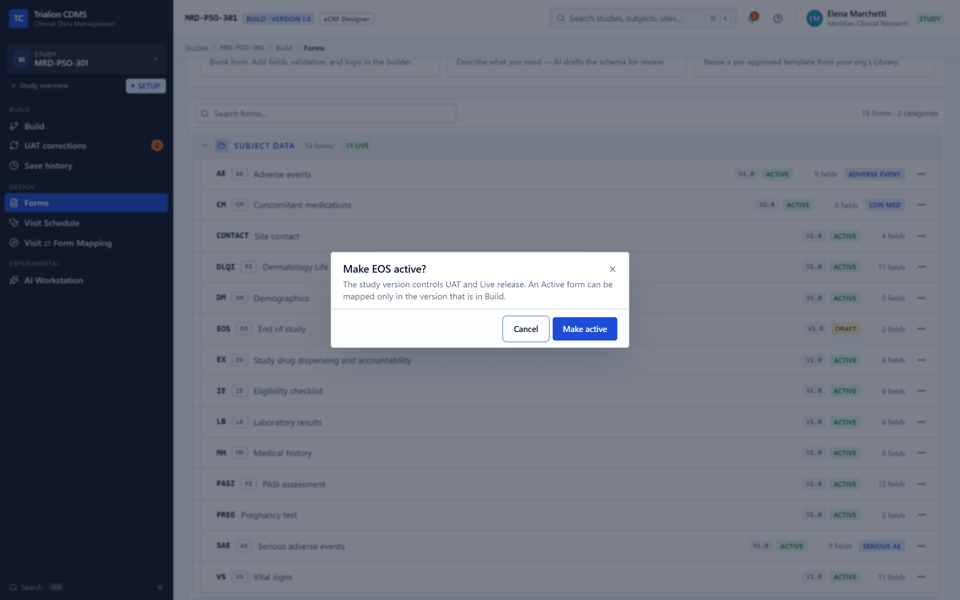 Make active on a reopened form: its set-aside visit bindings come back where the cell is free.