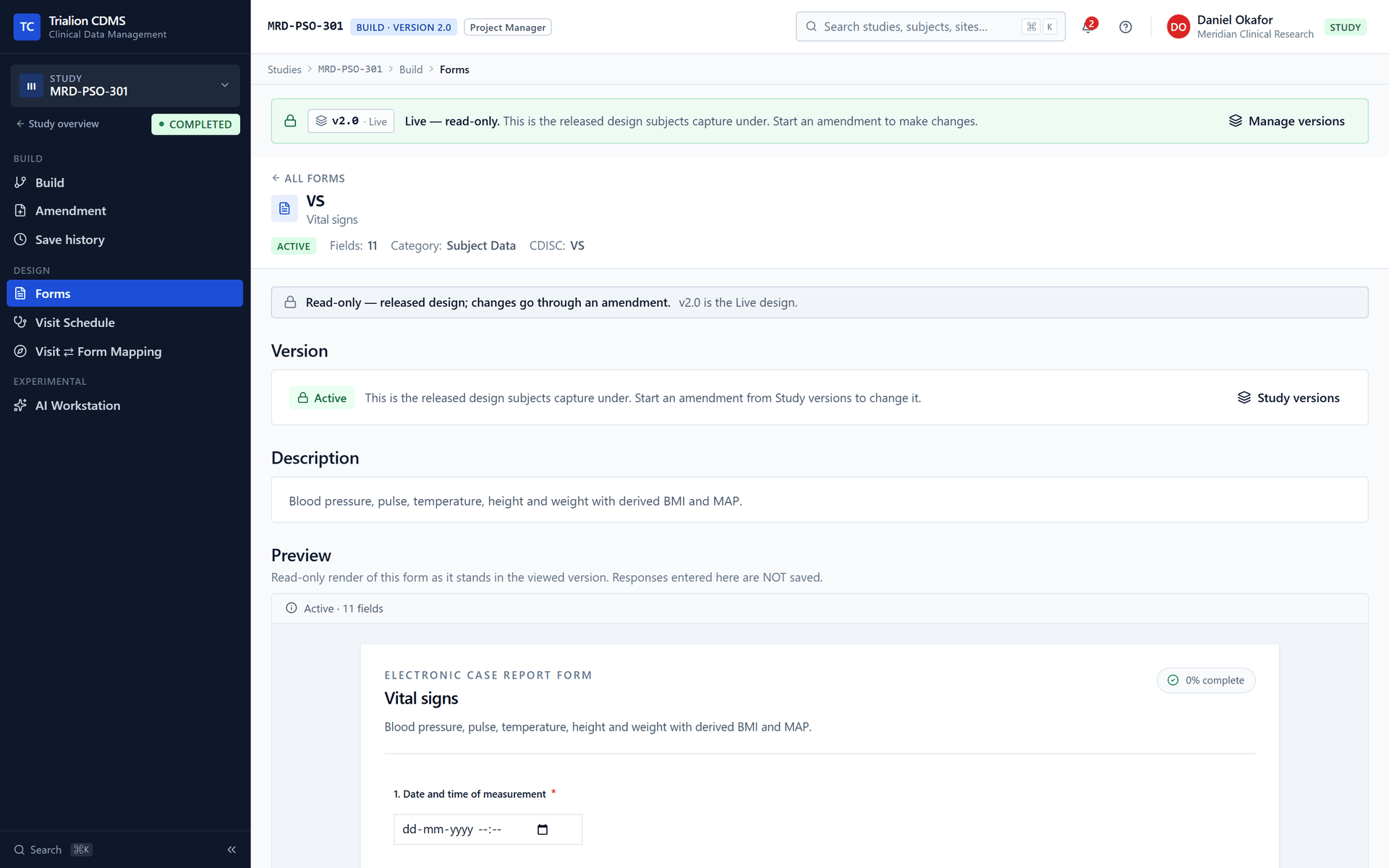 The overview page of one form in Build, Vital signs, of a released version: read-only, with a preview that says responses entered there are not saved.