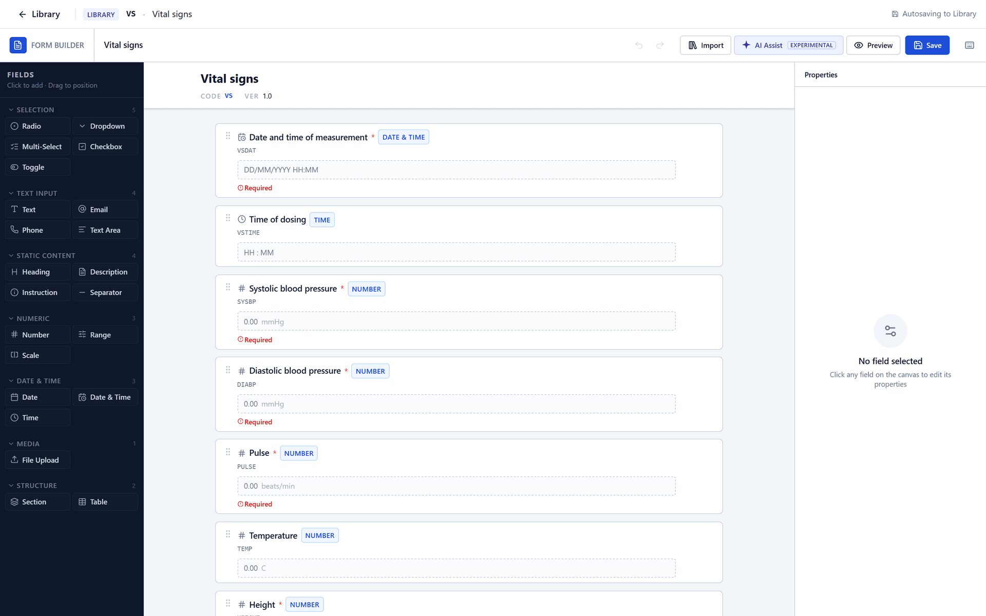 The form builder opened on a library form: the top bar and the heading on the canvas both read Vital signs, with the code VS.