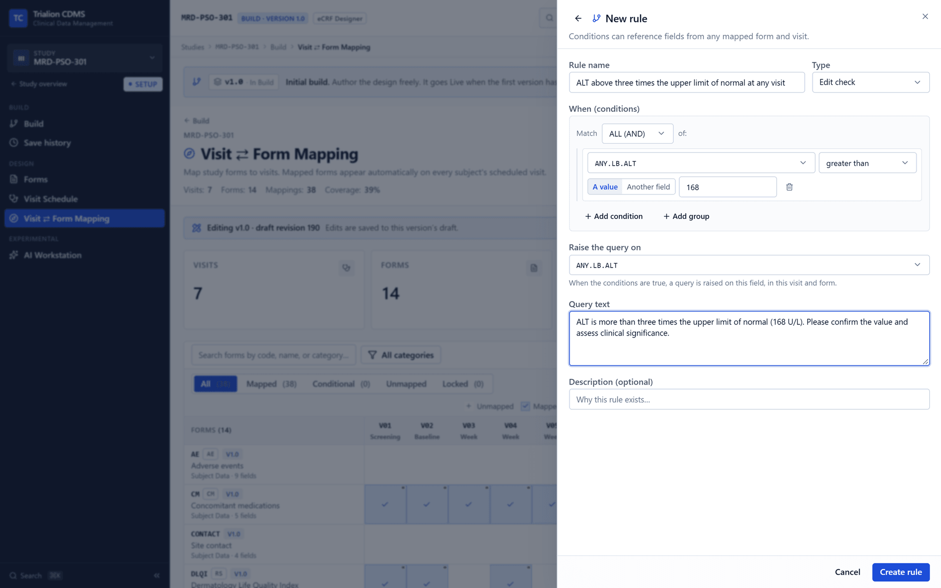 A cross-form edit check on ALT at any visit: it checks each visit and puts its query on that visit's own record.