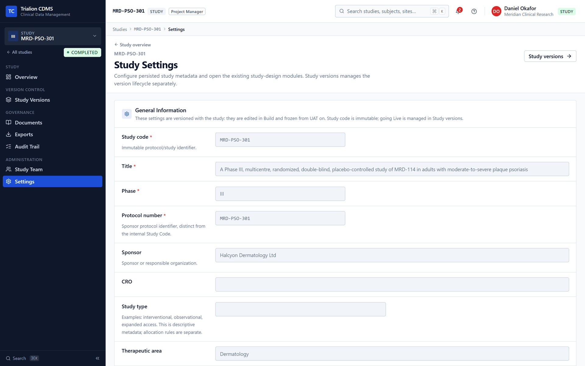 The Study Settings page as the Project Manager sees it.