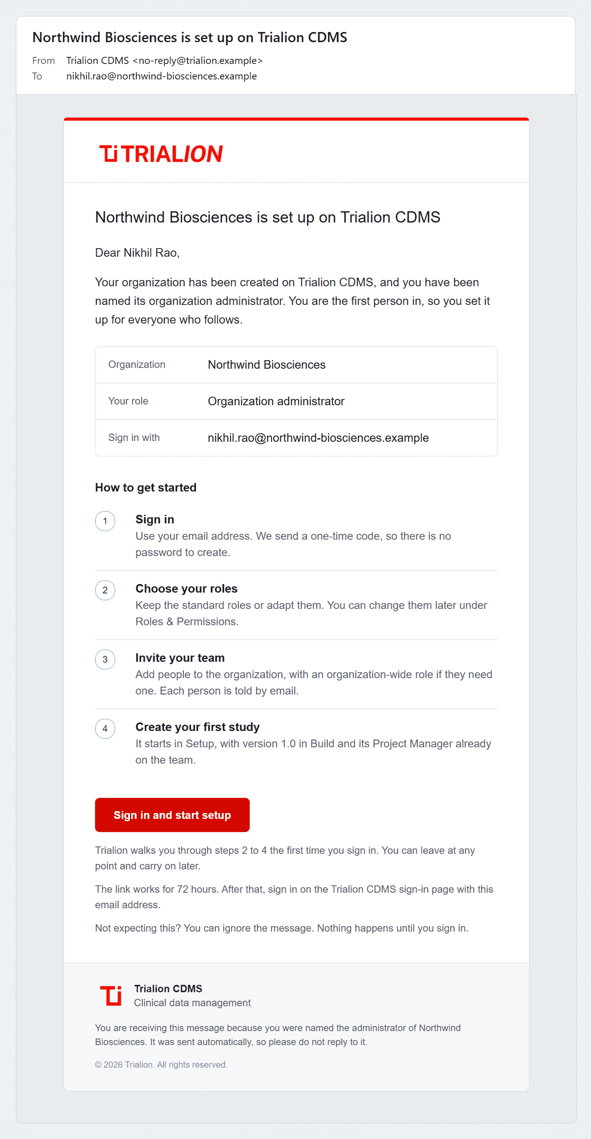 The e-mail to the first administrator of a new organization.
