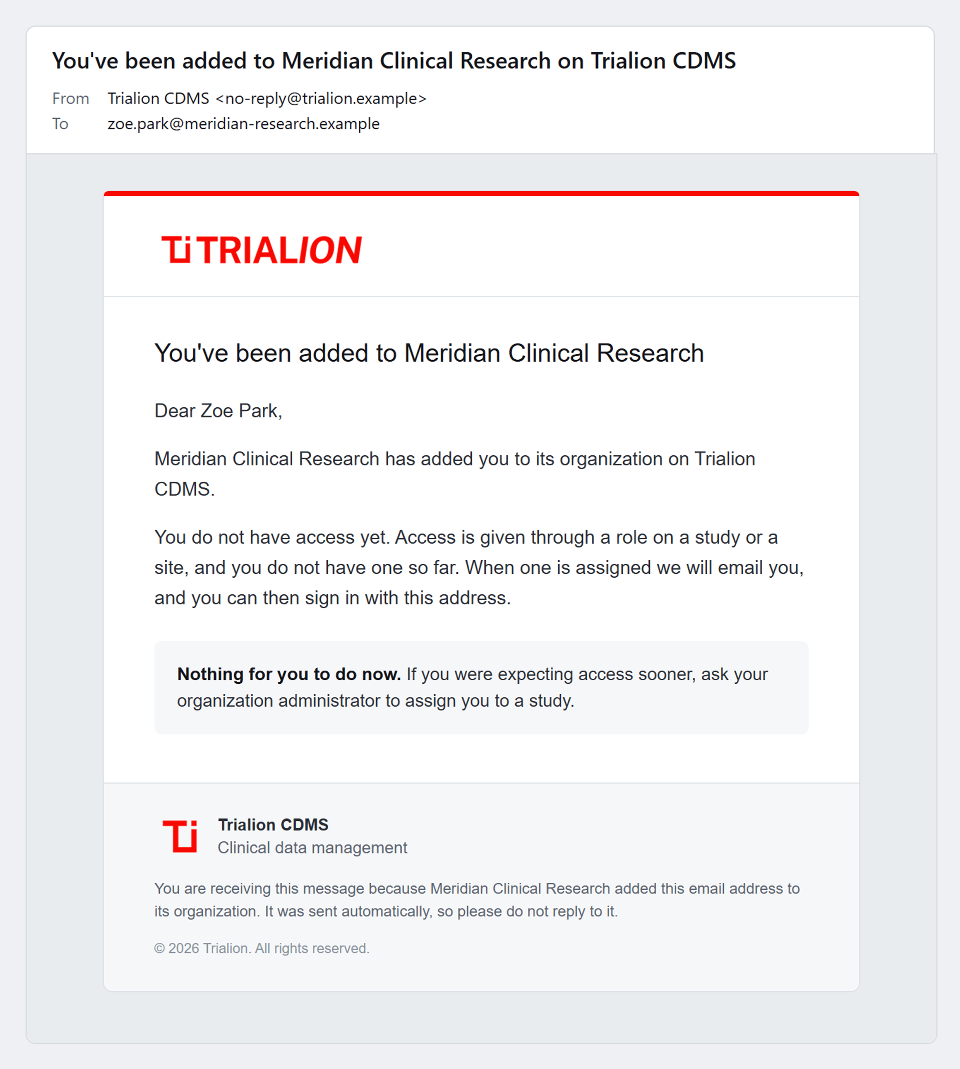 The e-mail to a person added to the organization who has no role anywhere yet: no button, nothing to do now.