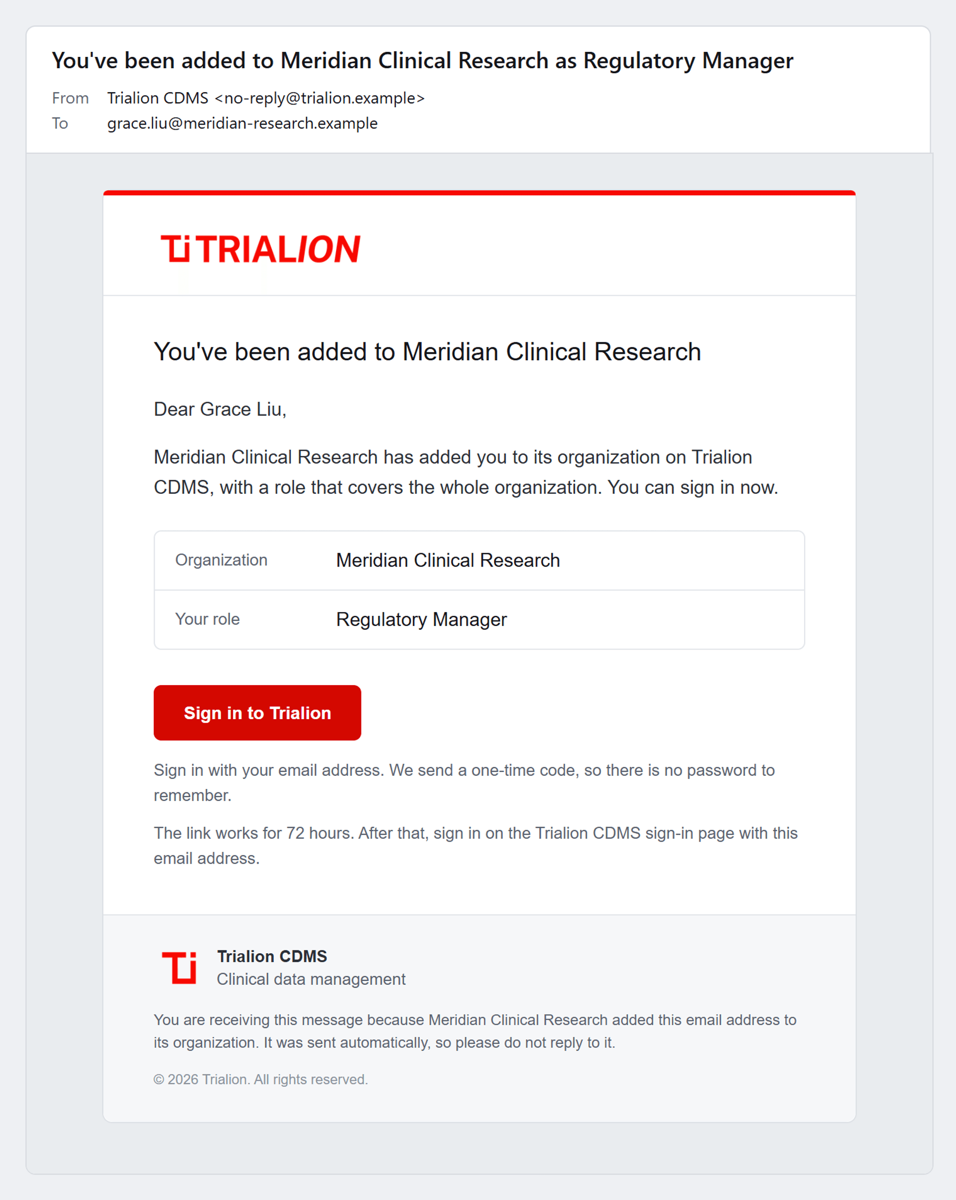 The e-mail to a person added to the organization with a role: Sign in.