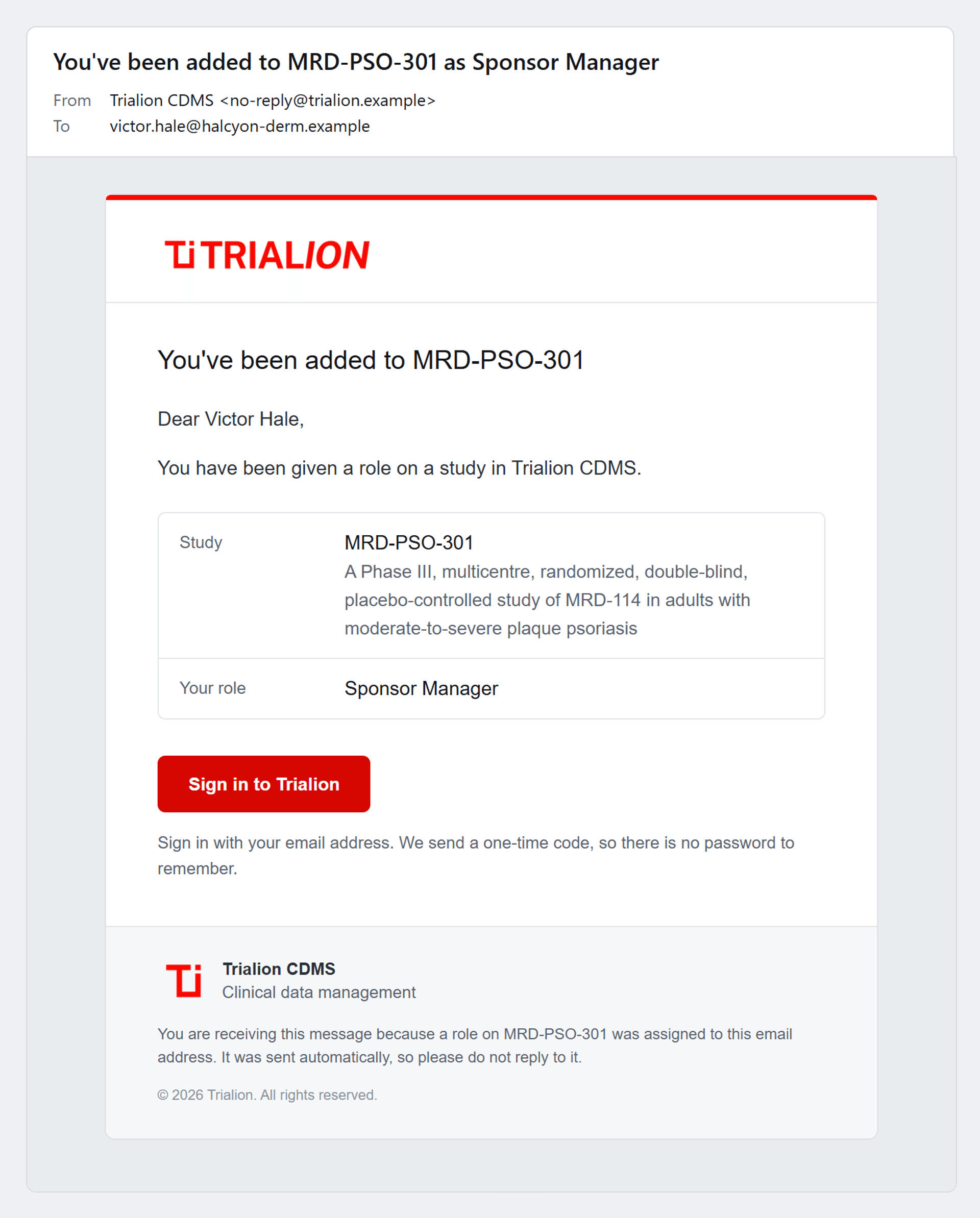 The e-mail to sponsor staff added to a study.