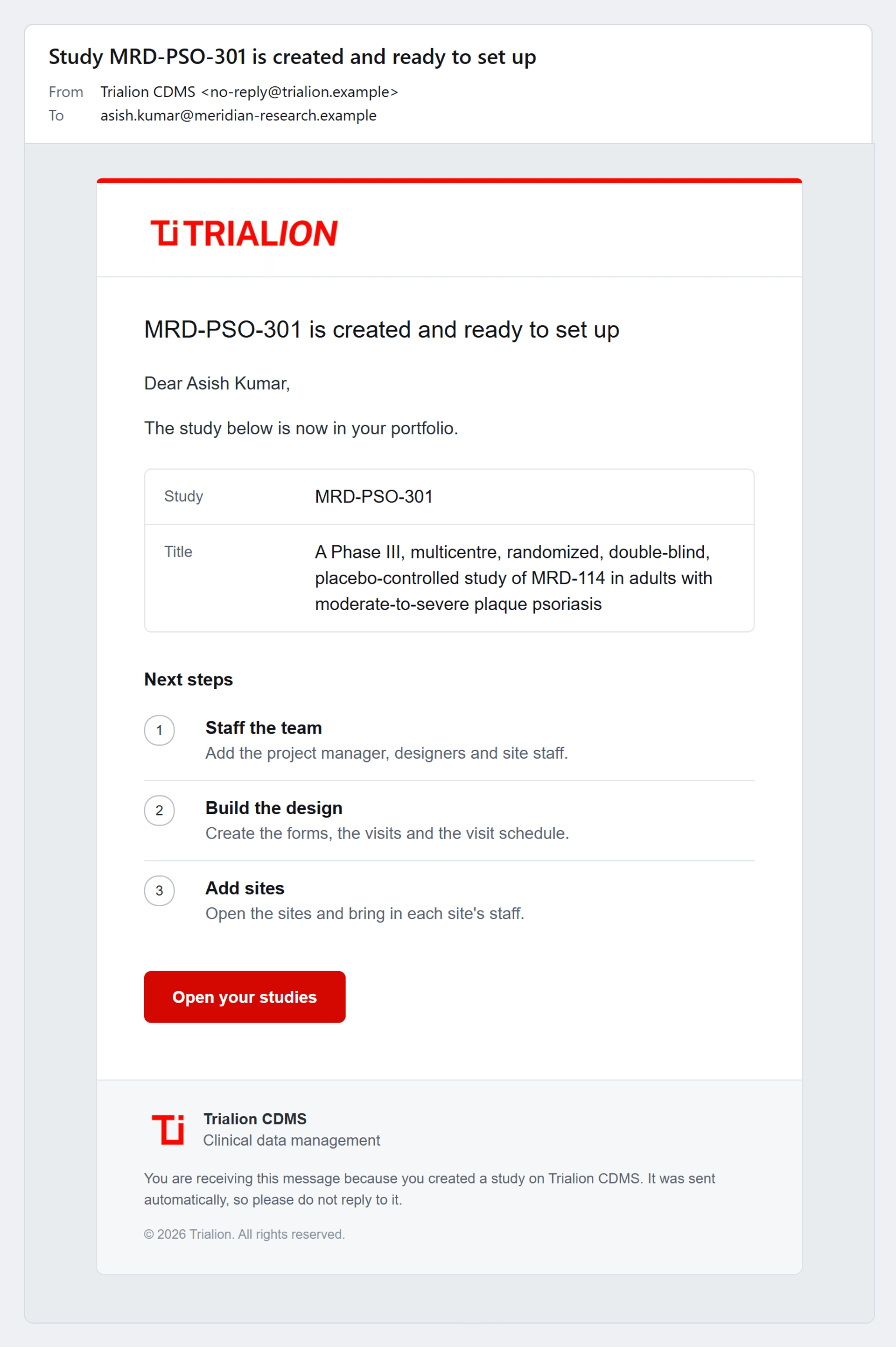 The e-mail to the Organization Admin who created a study.
