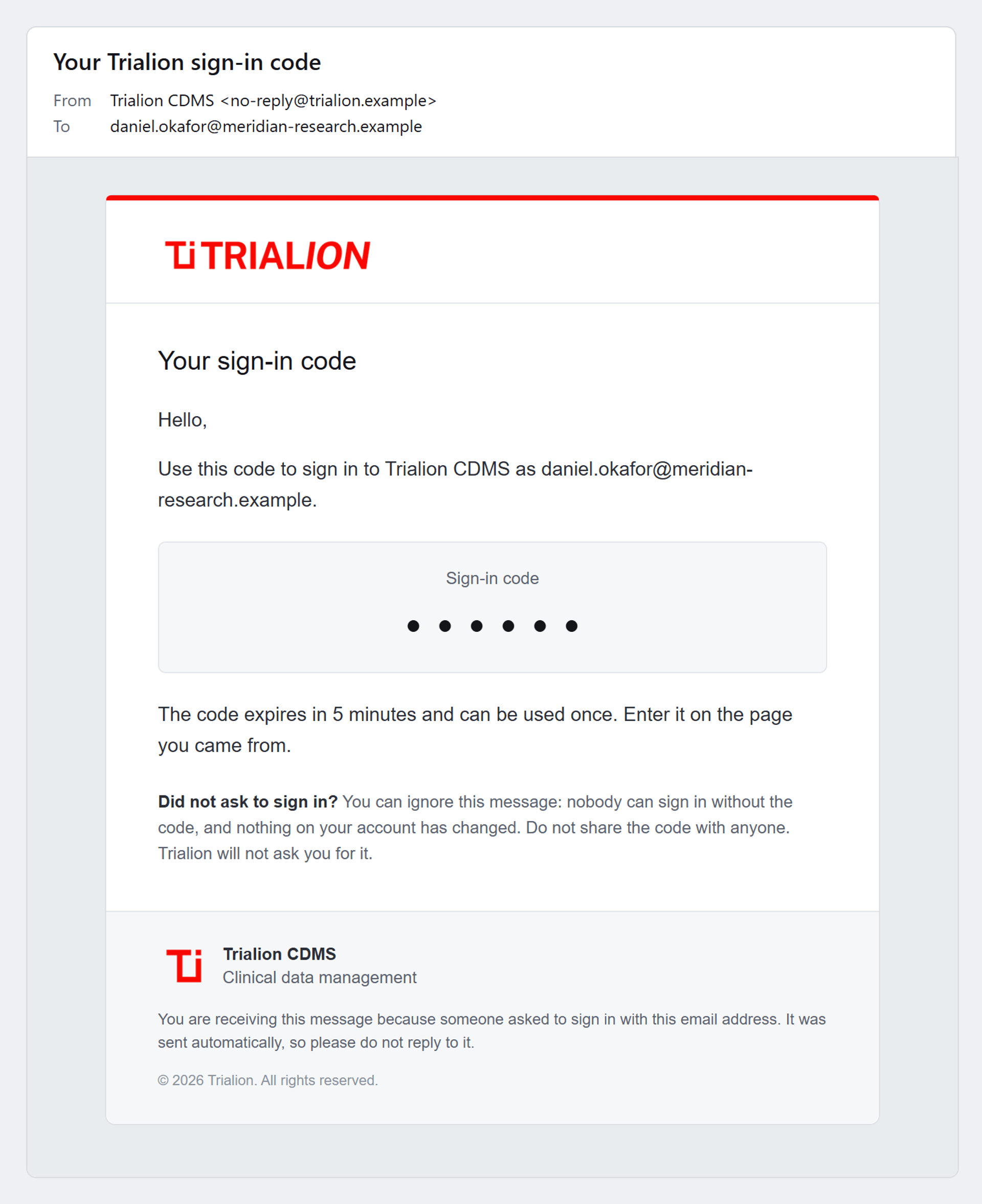 The one-time sign-in code e-mail, sent straight through the mail service and never queued.