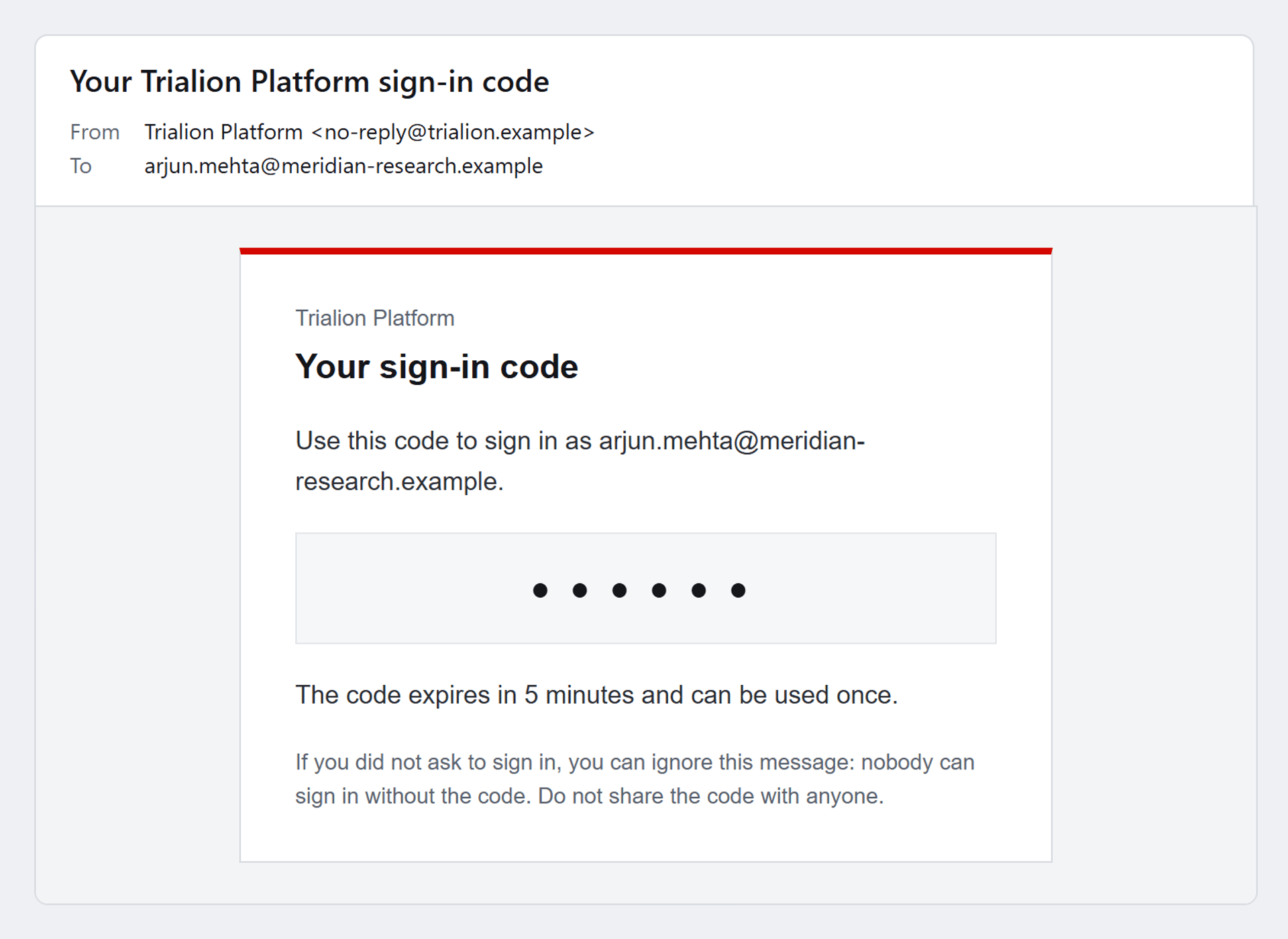 The platform console's sign-in code e-mail.