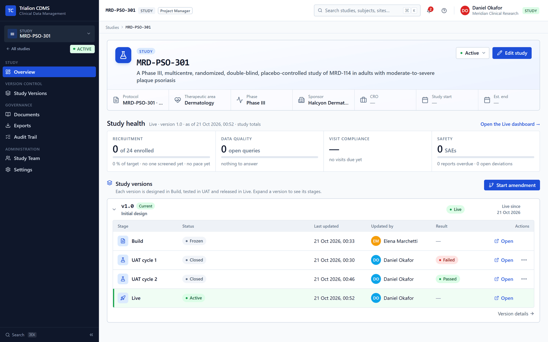 The study overview after Go live: state Active, version 1.0 Live.