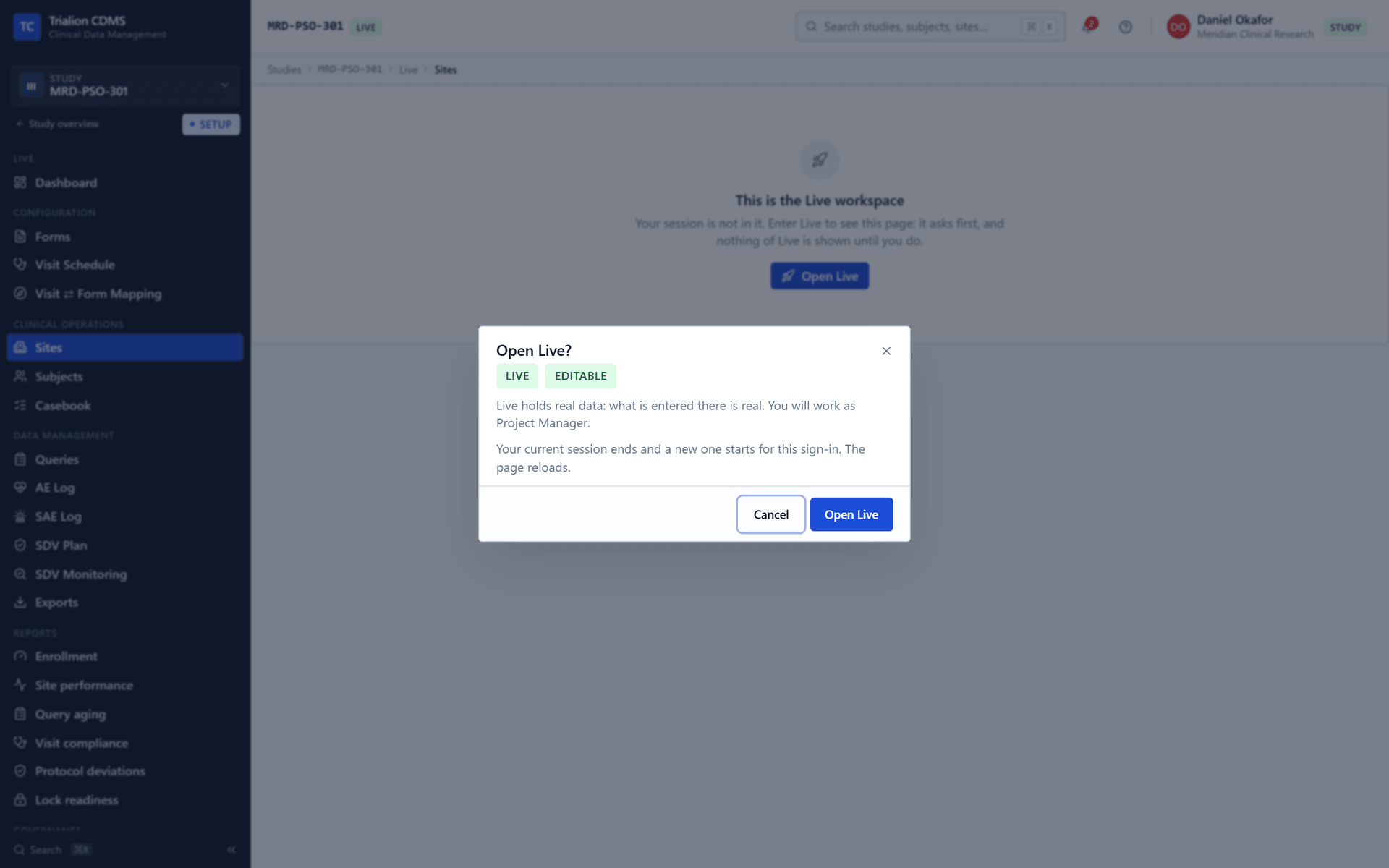 Entering the Live workspace asks for confirmation: this is production, not a rehearsal.