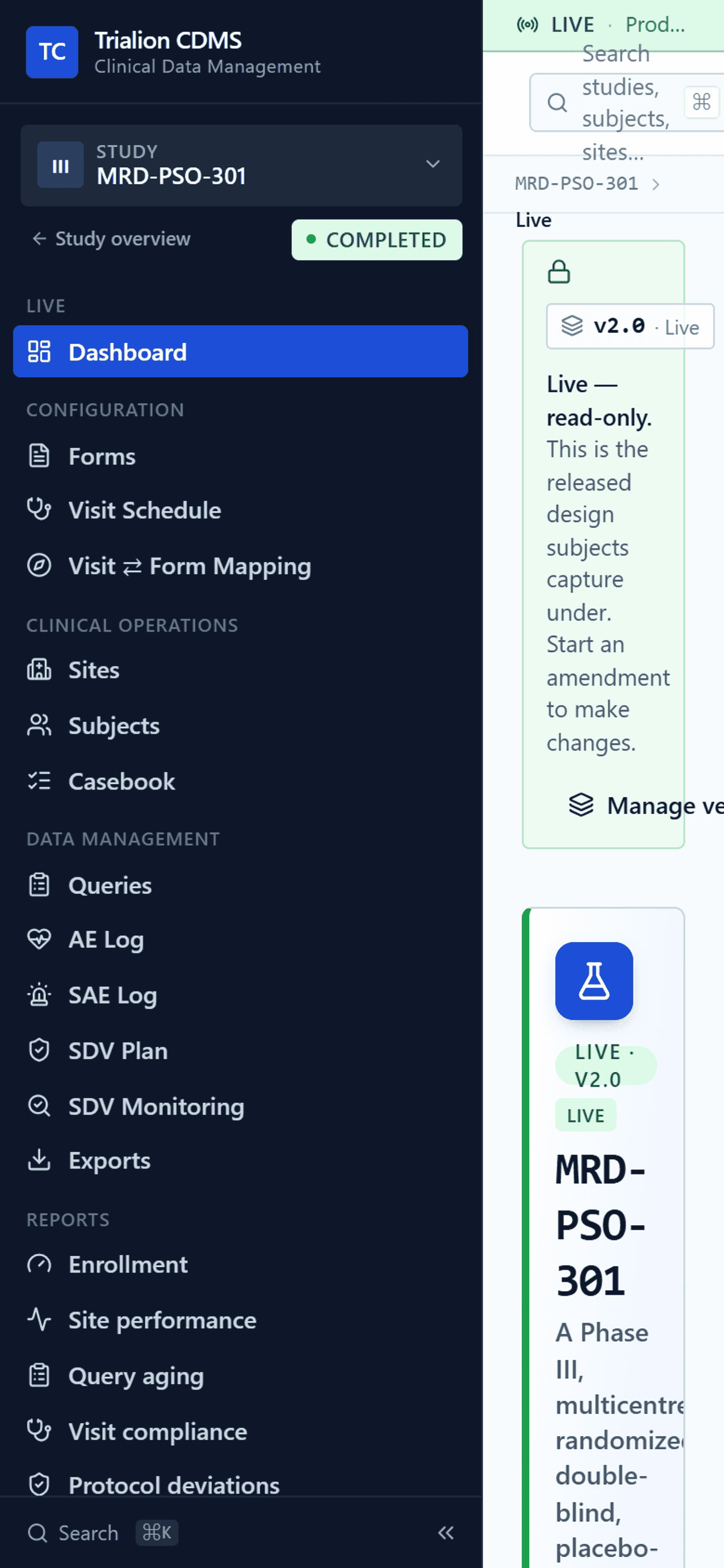 The Live dashboard on a phone-width screen.