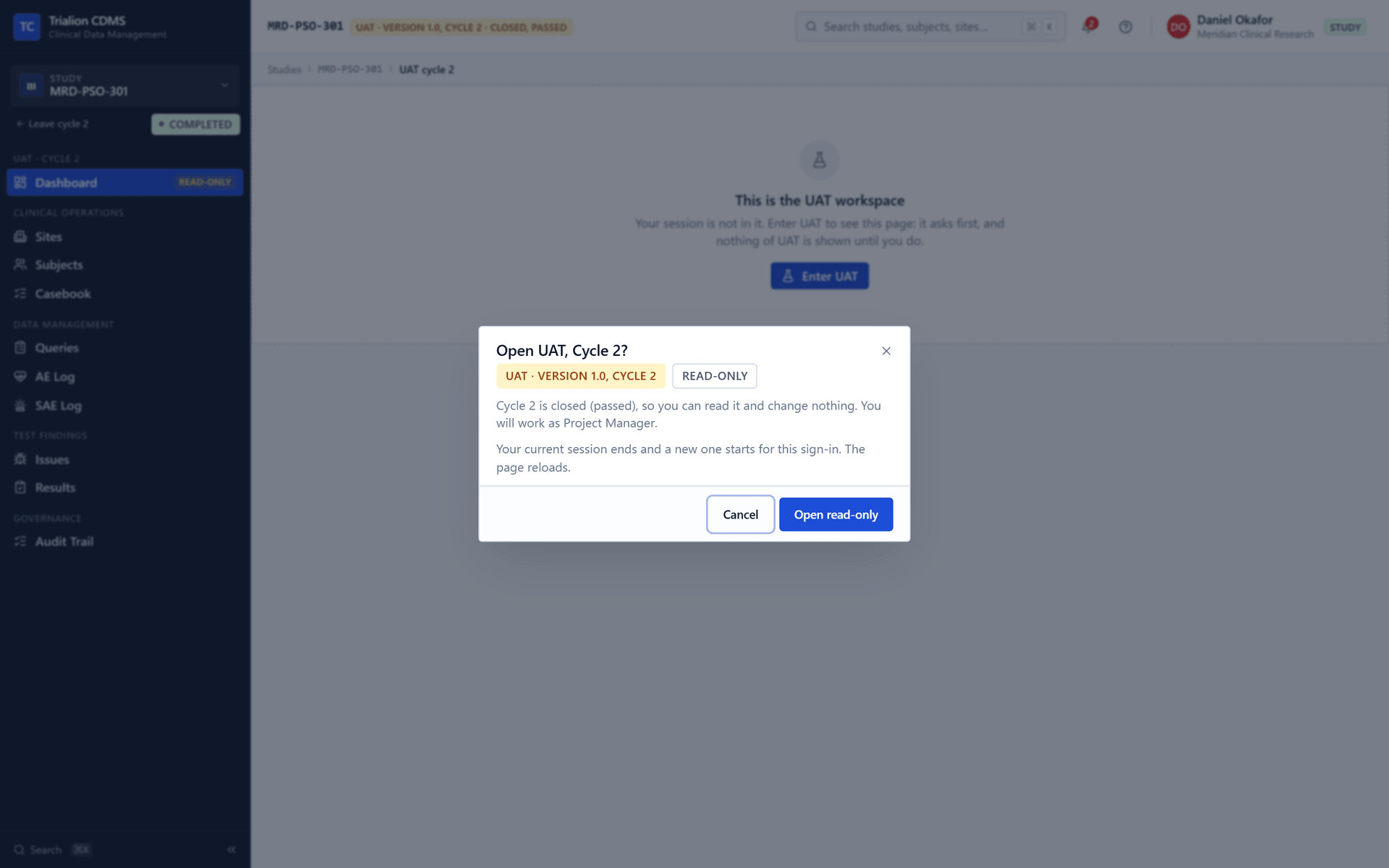 The entry dialog of a closed UAT cycle: it says the cycle is closed, so it can be read and nothing can be changed, and that a new session starts; the button reads Open read-only.