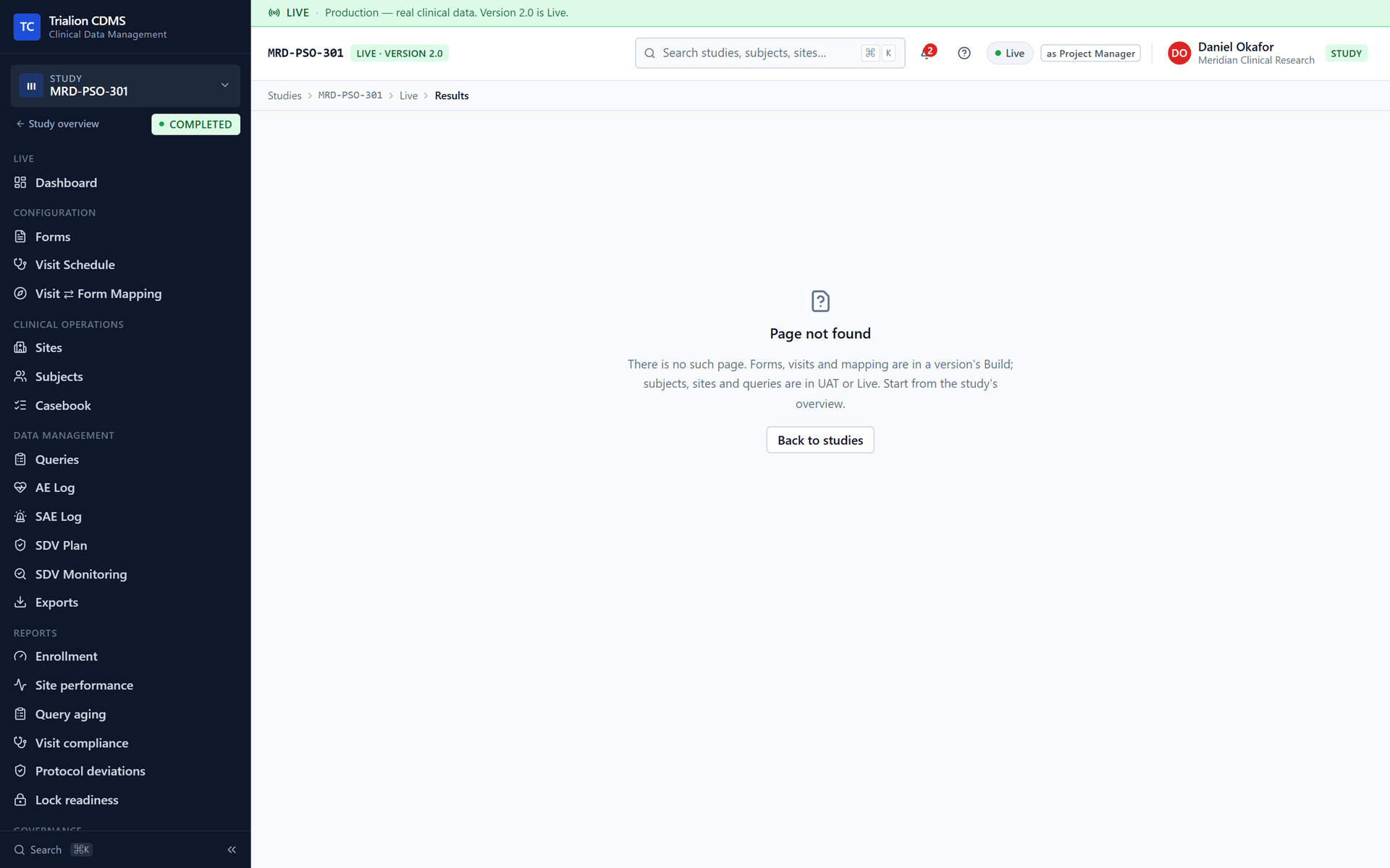 A Live address that names no screen: Page not found, with the line that says forms, visits and mapping are in a version's Build, and subjects, sites and queries are in UAT or Live.