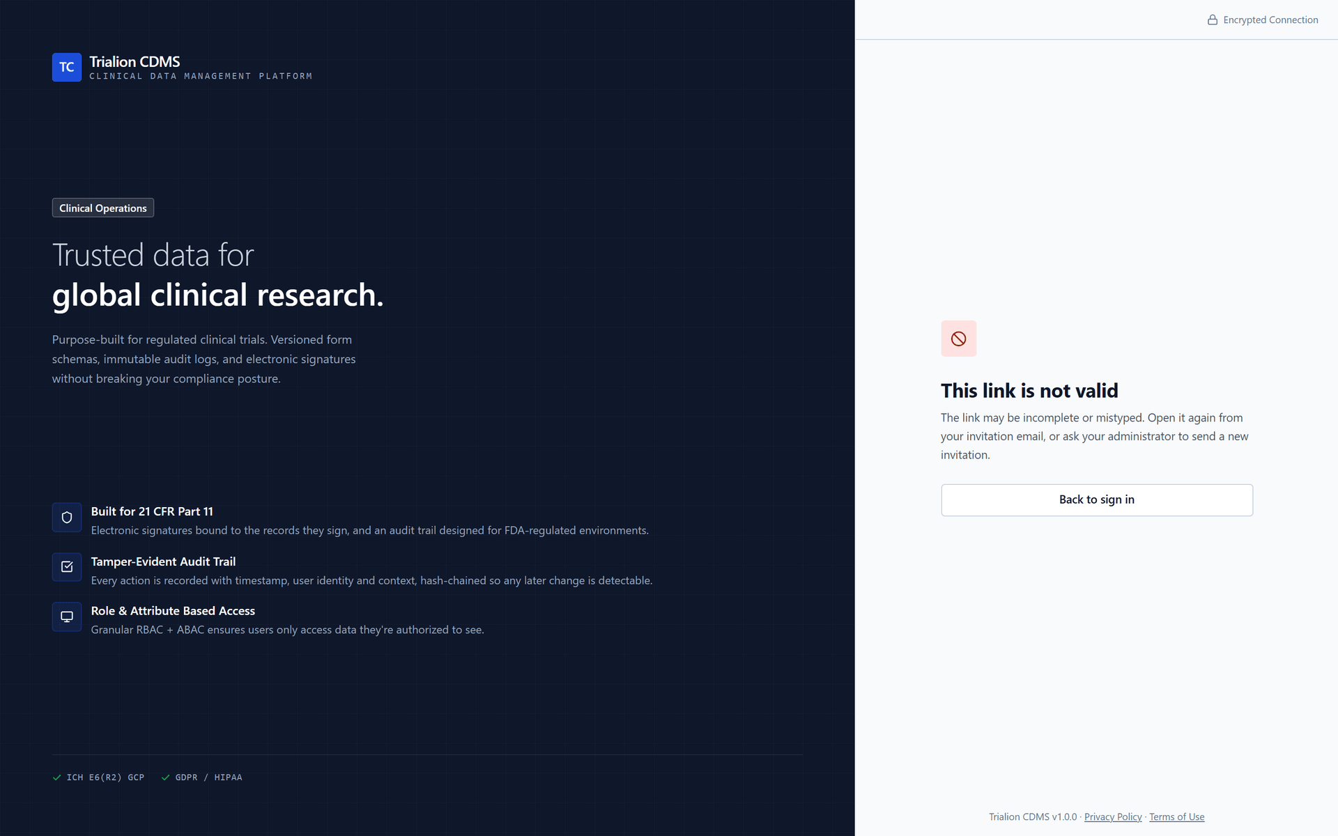The invitation page opened without the link from the e-mail: This link is not valid, with a button back to sign in.