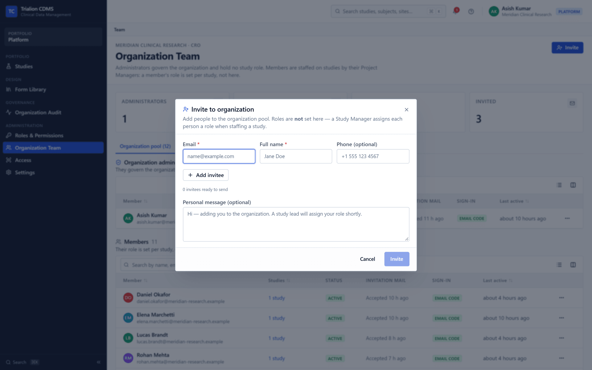The Invite dialog of the Organization Team: the person's details and the role they will hold.
