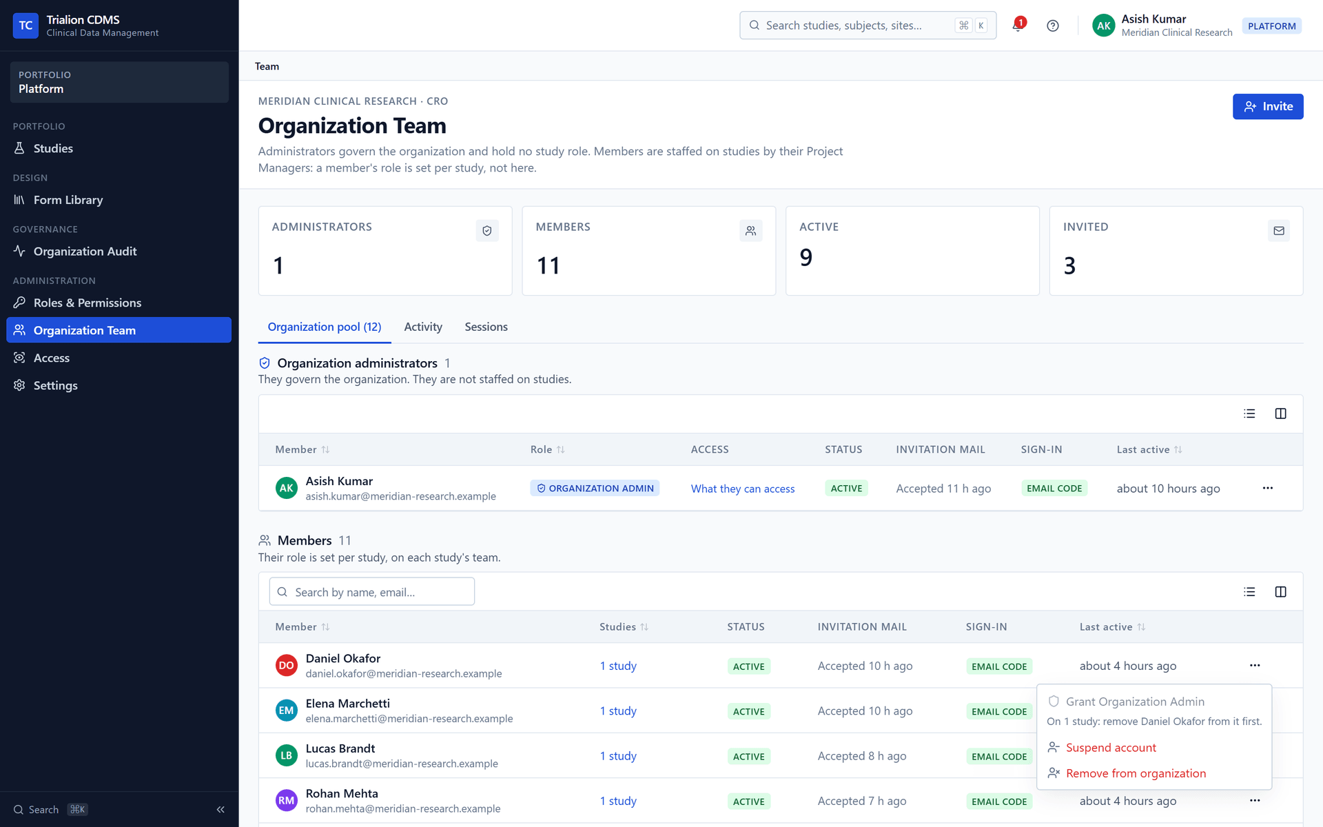 The actions menu of a member of the organization: suspend, restore and remove.