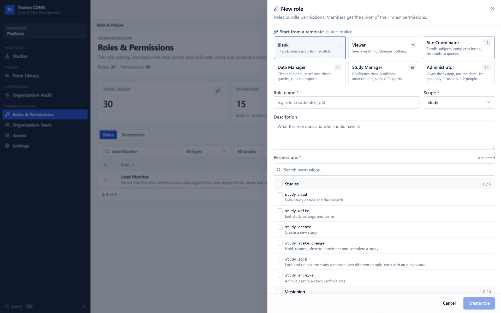 The New role dialog: name, scope, description and the permissions to include.